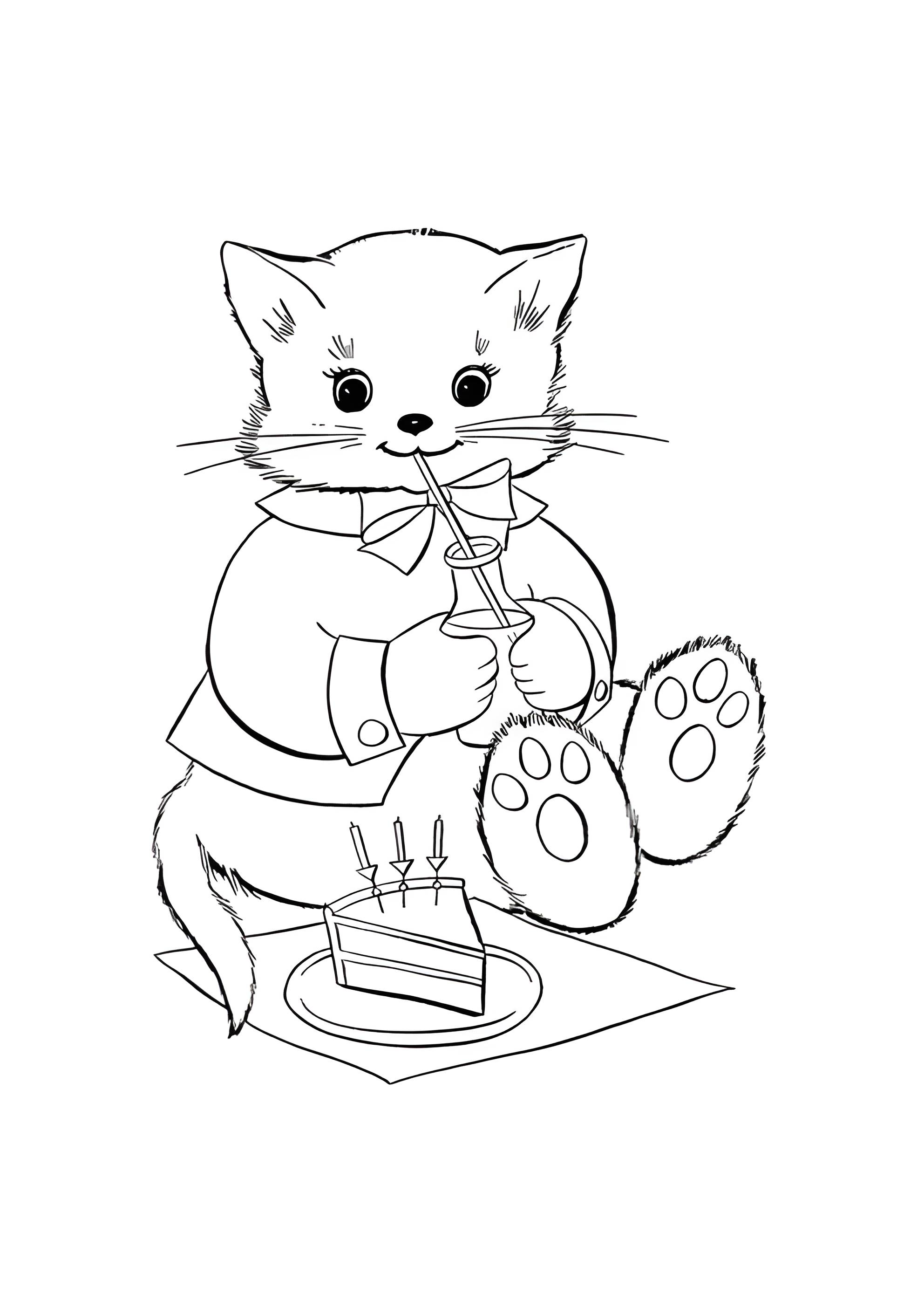 Раскраска Кот пьет молоко и есть торт