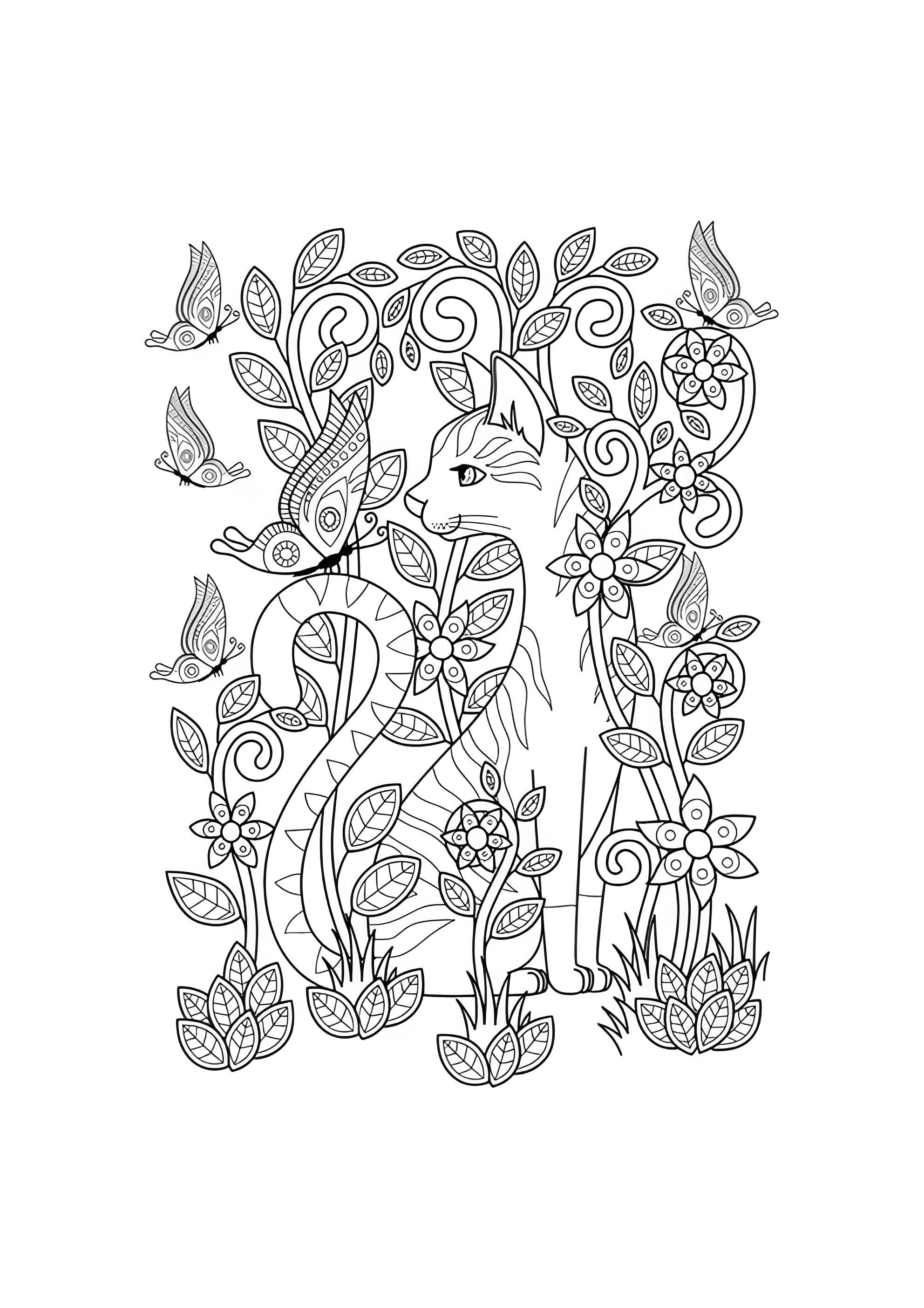 Раскраска Кот в цветах