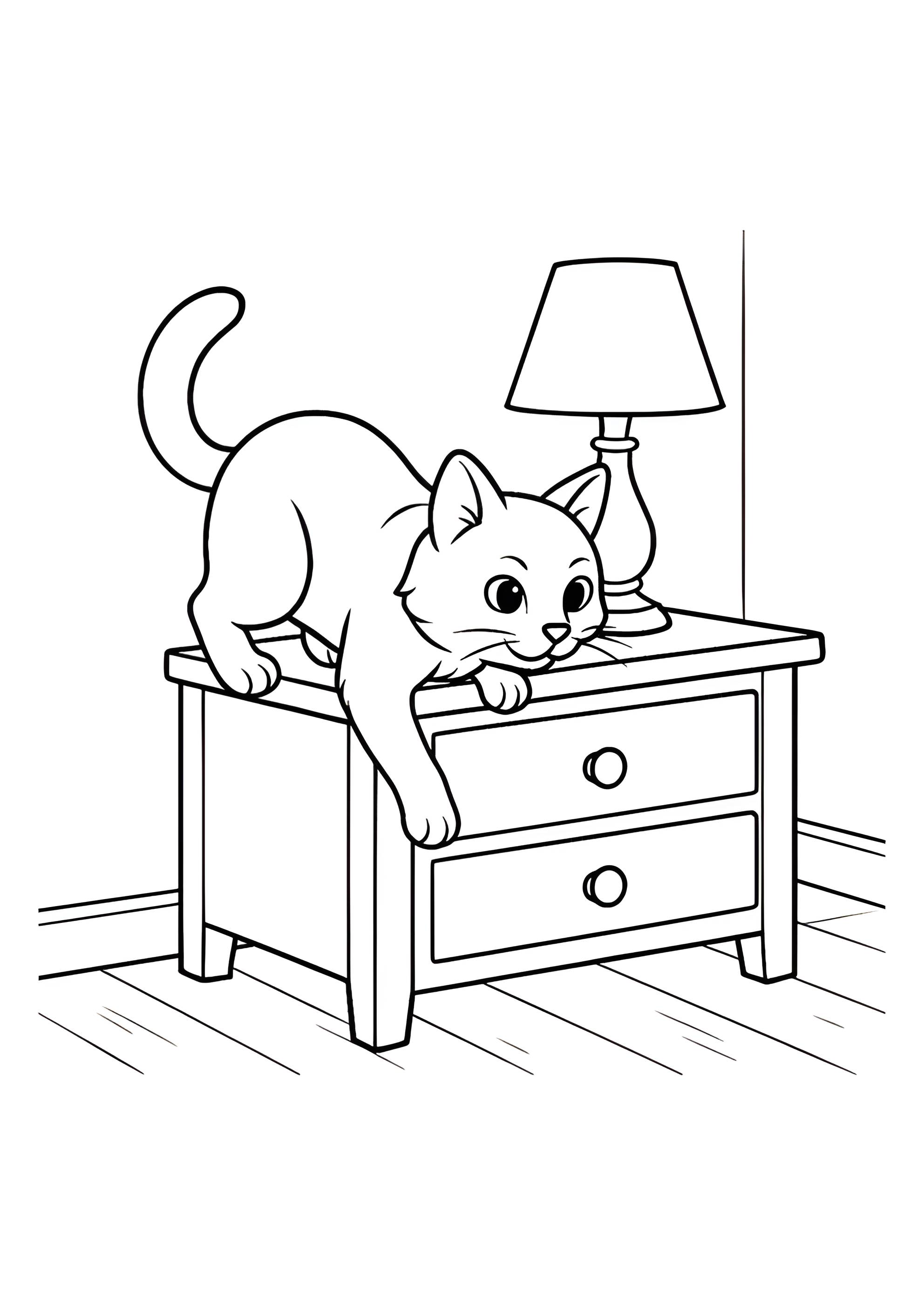 Раскраска Кот забирается на тумбочку