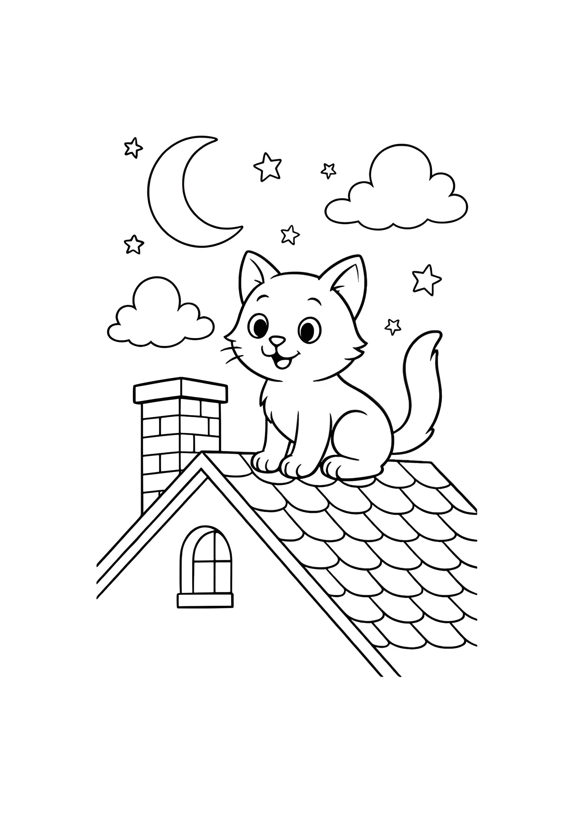 Раскраска Кот забрался на крышу ночью