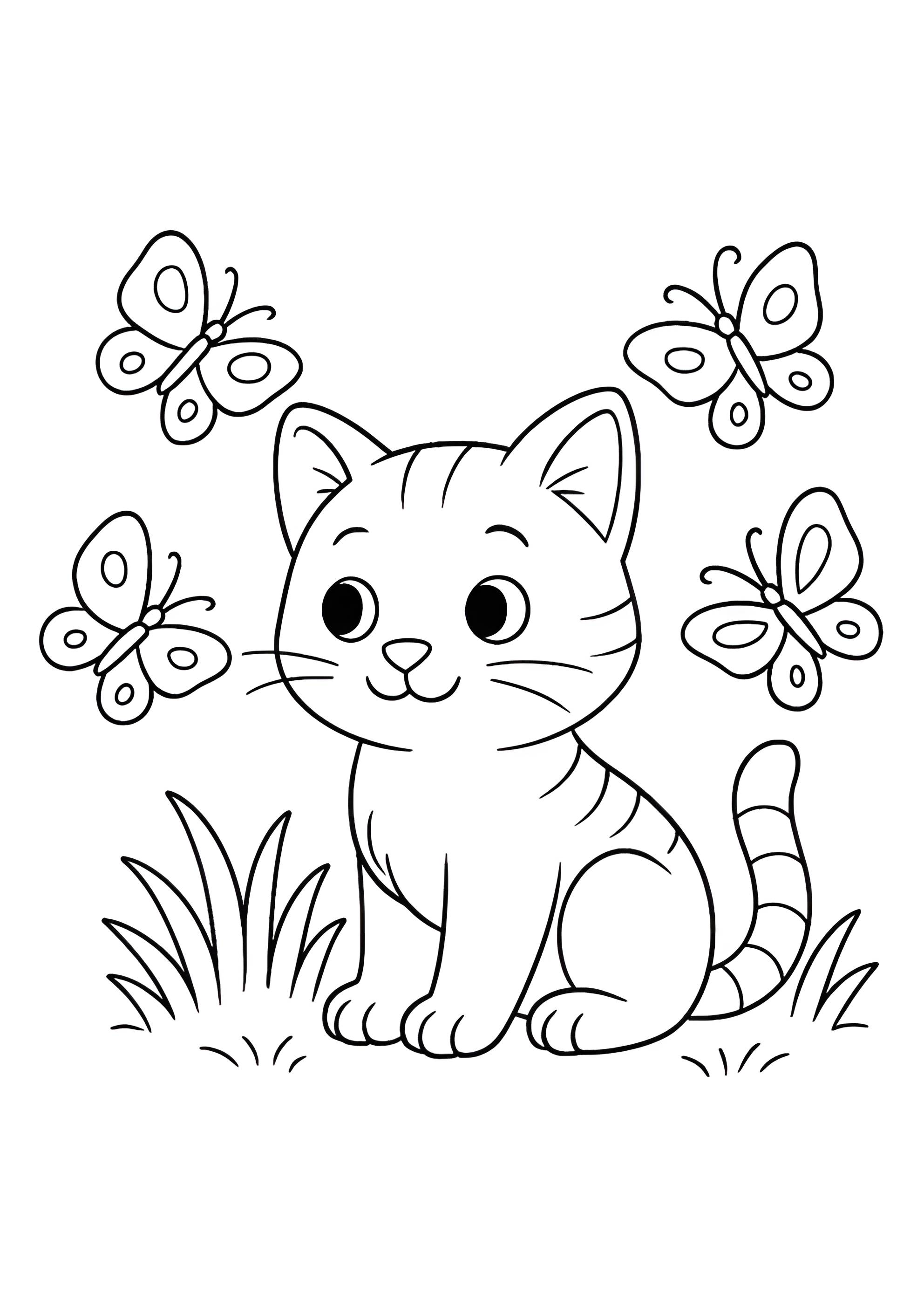 Раскраска Котенок и бабочки