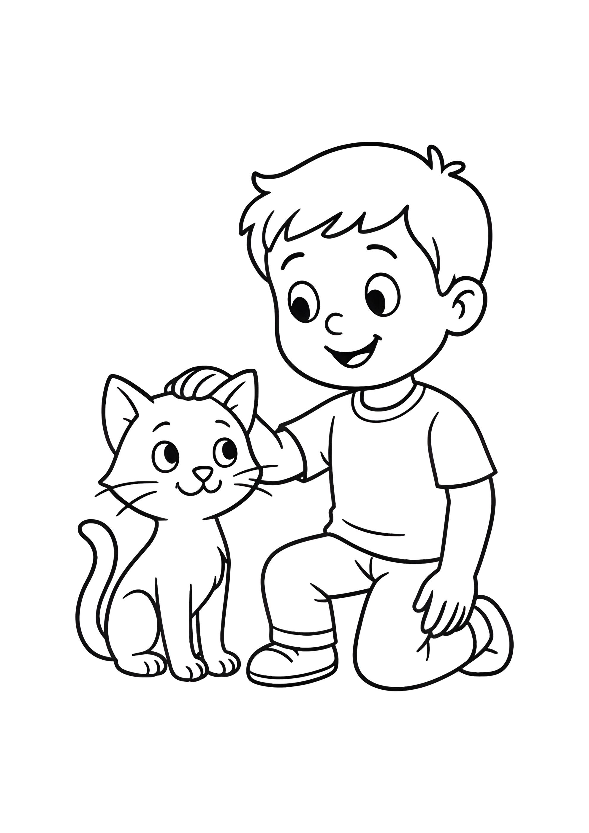 Раскраска Котенок играет с мальчиком