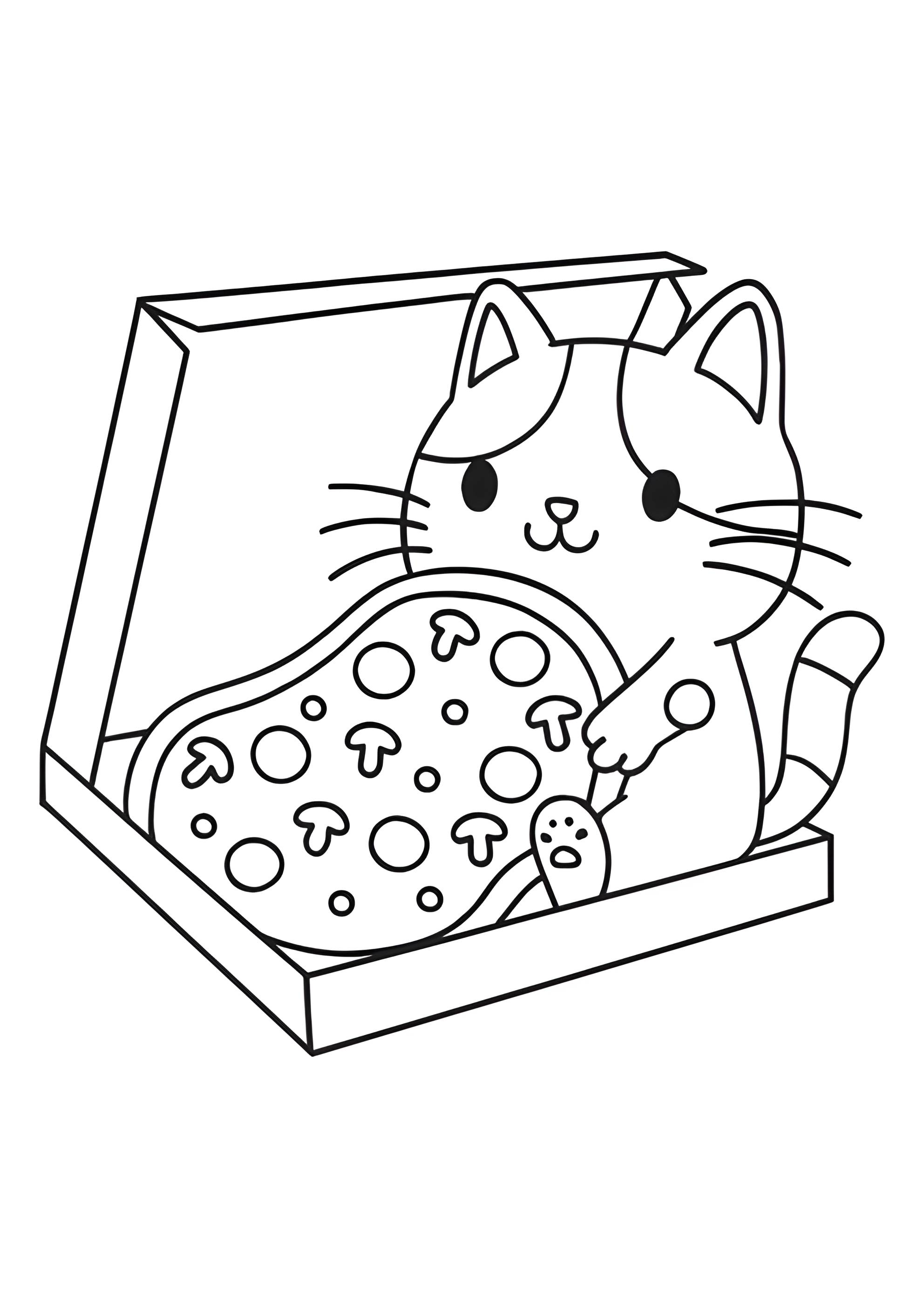 Раскраска Котик ест пиццу