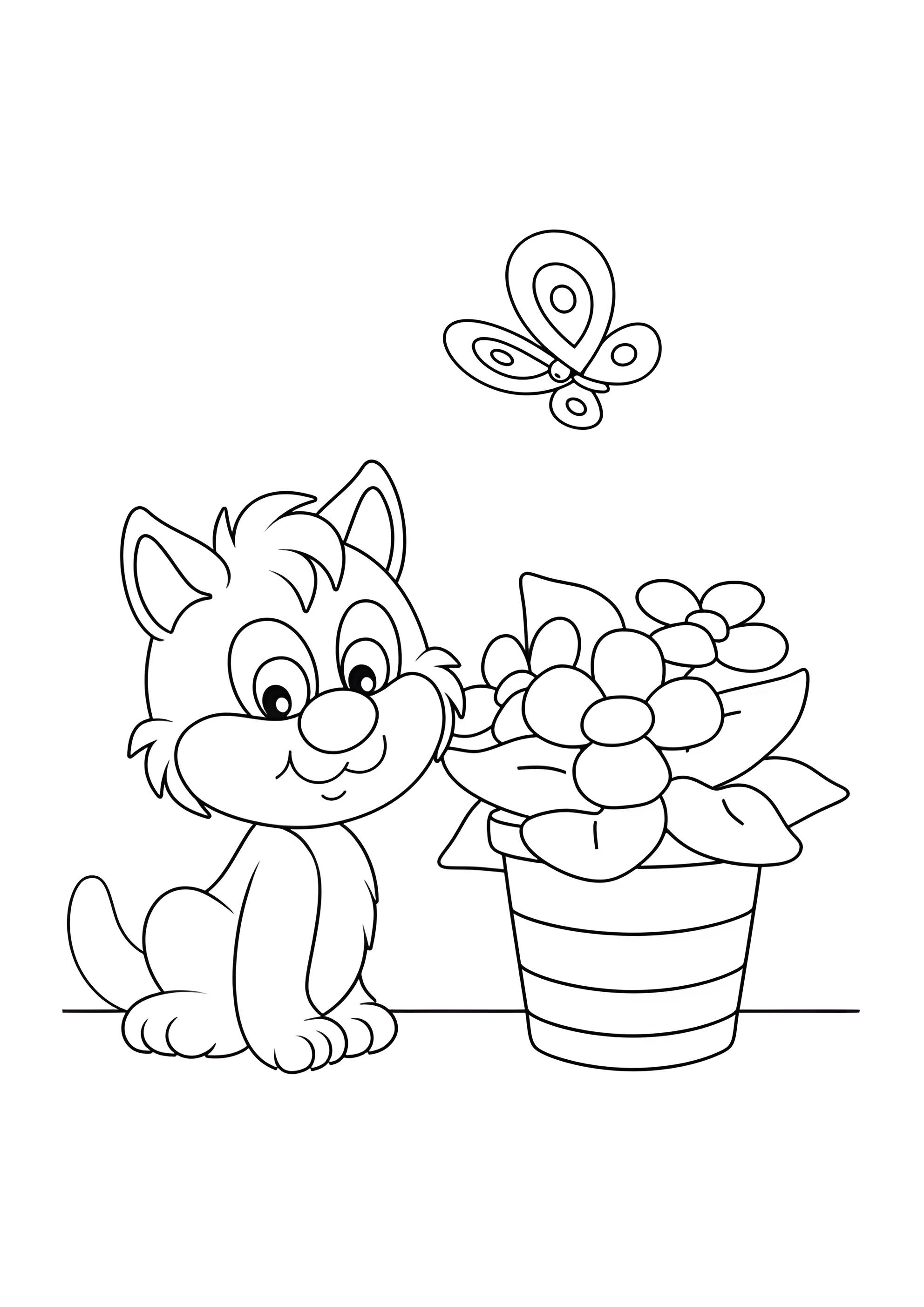 Раскраска Котик и горшок с цветами