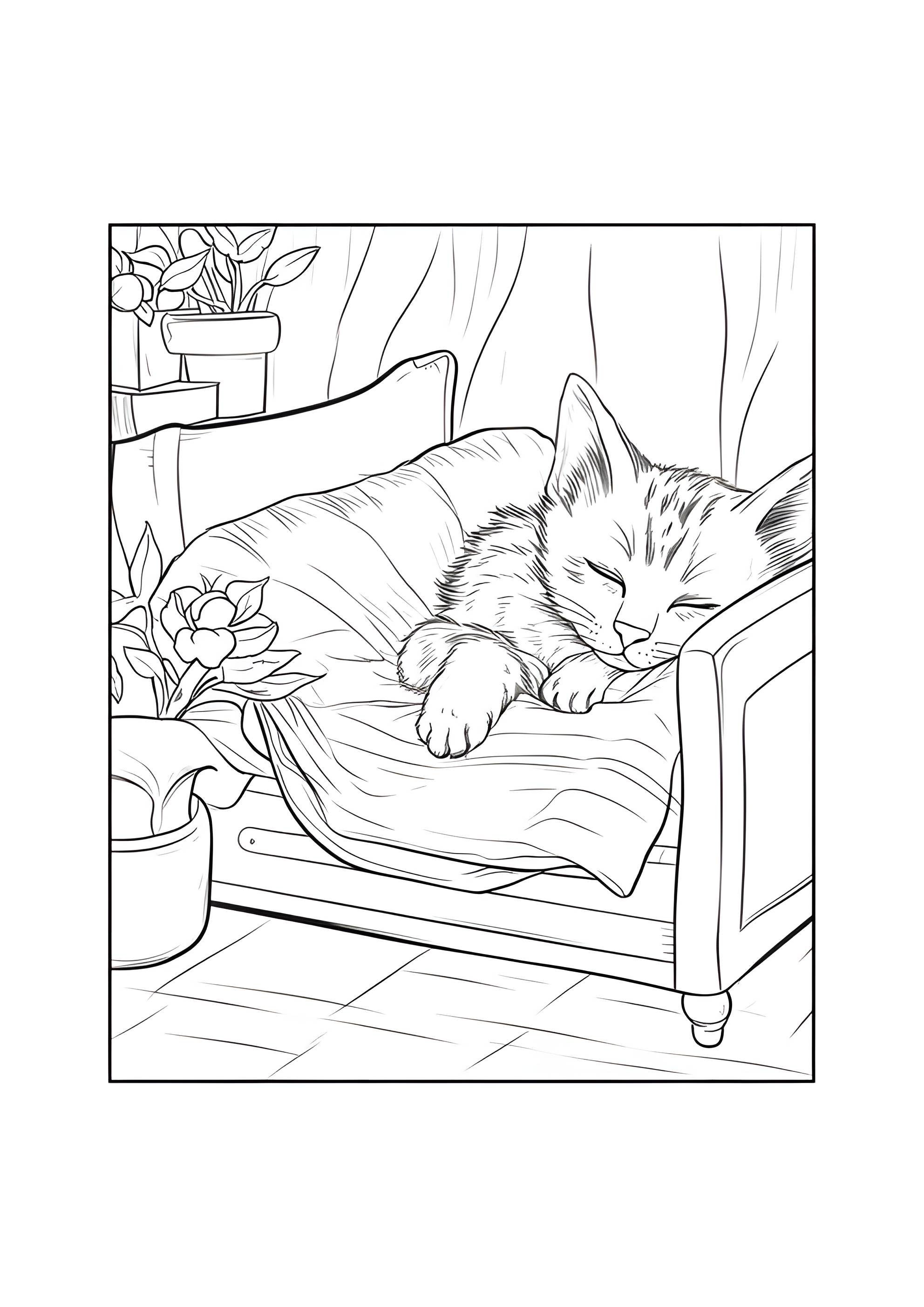 Раскраска Котик в кроватке