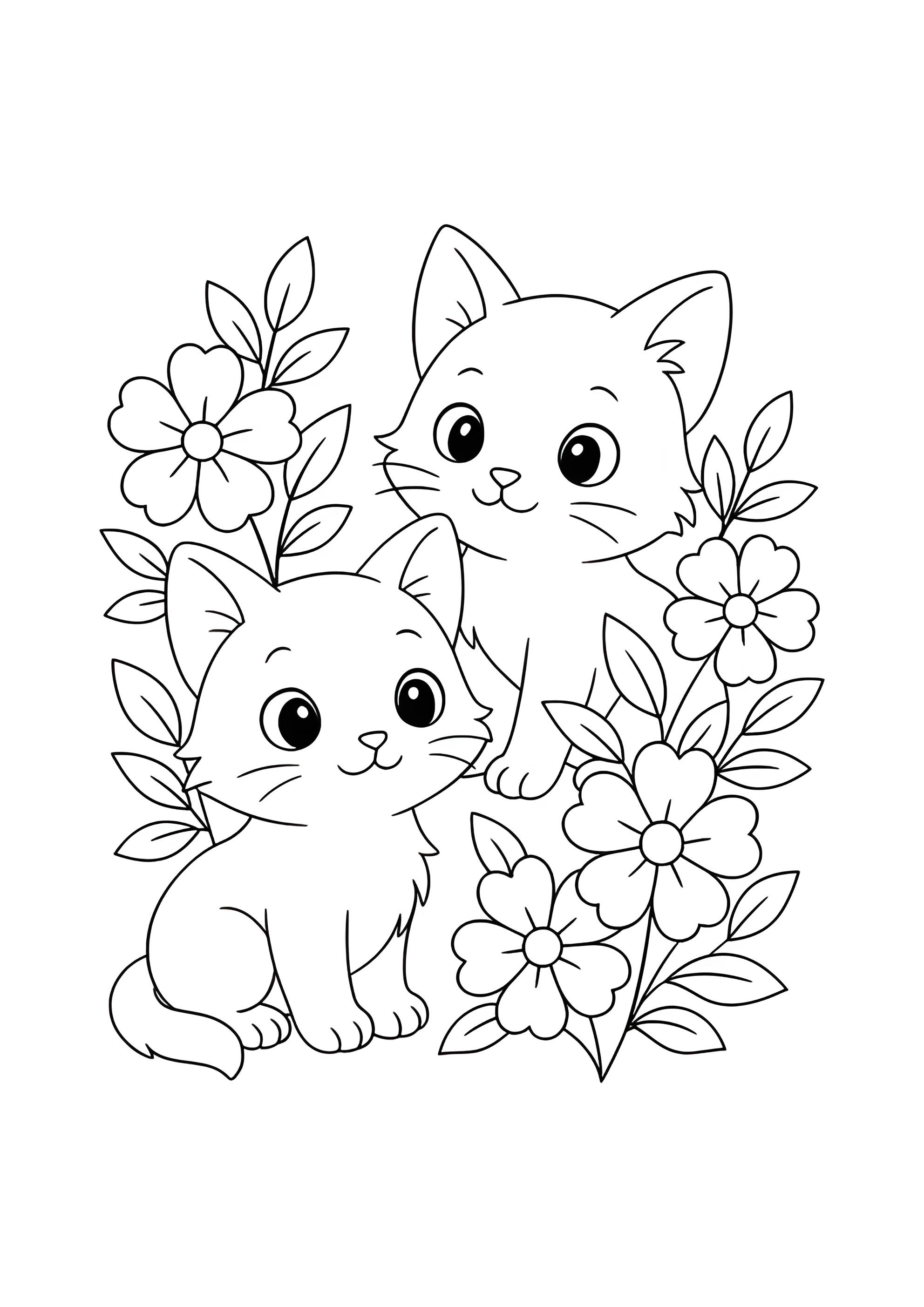 Раскраска Котята и цветы