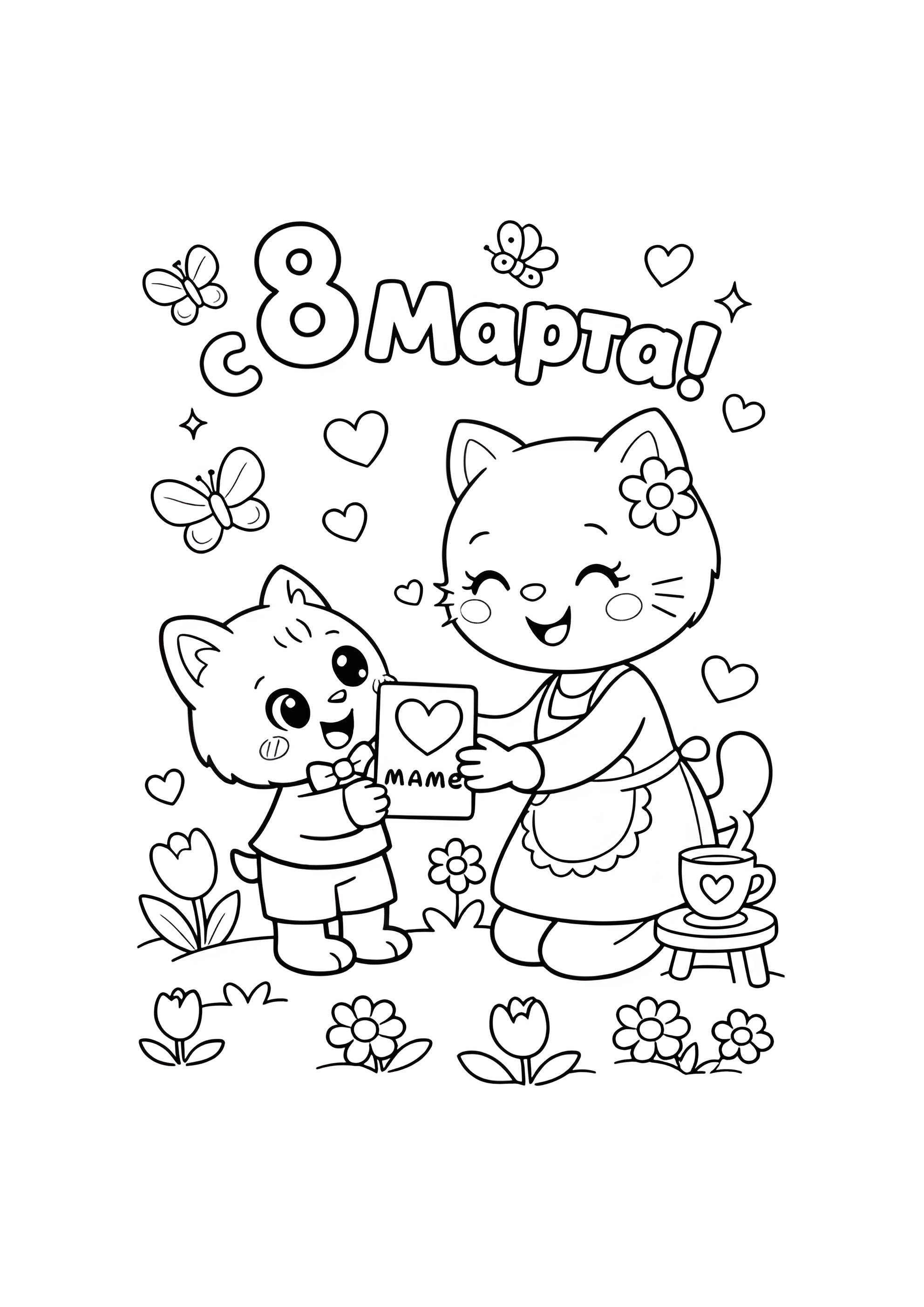 Раскраска Котёнок дарит открытку маме на 8 марта