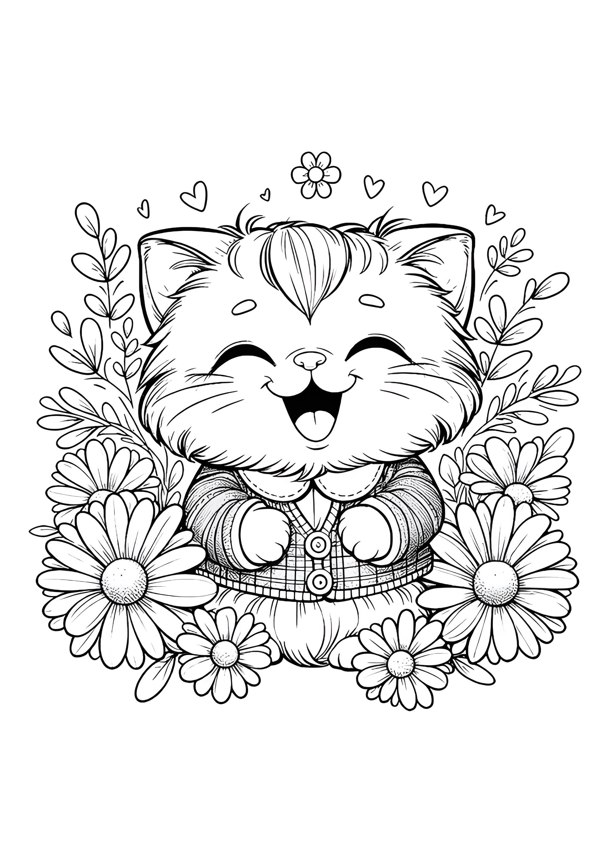 Раскраска Котёнок хохочет в ромашках
