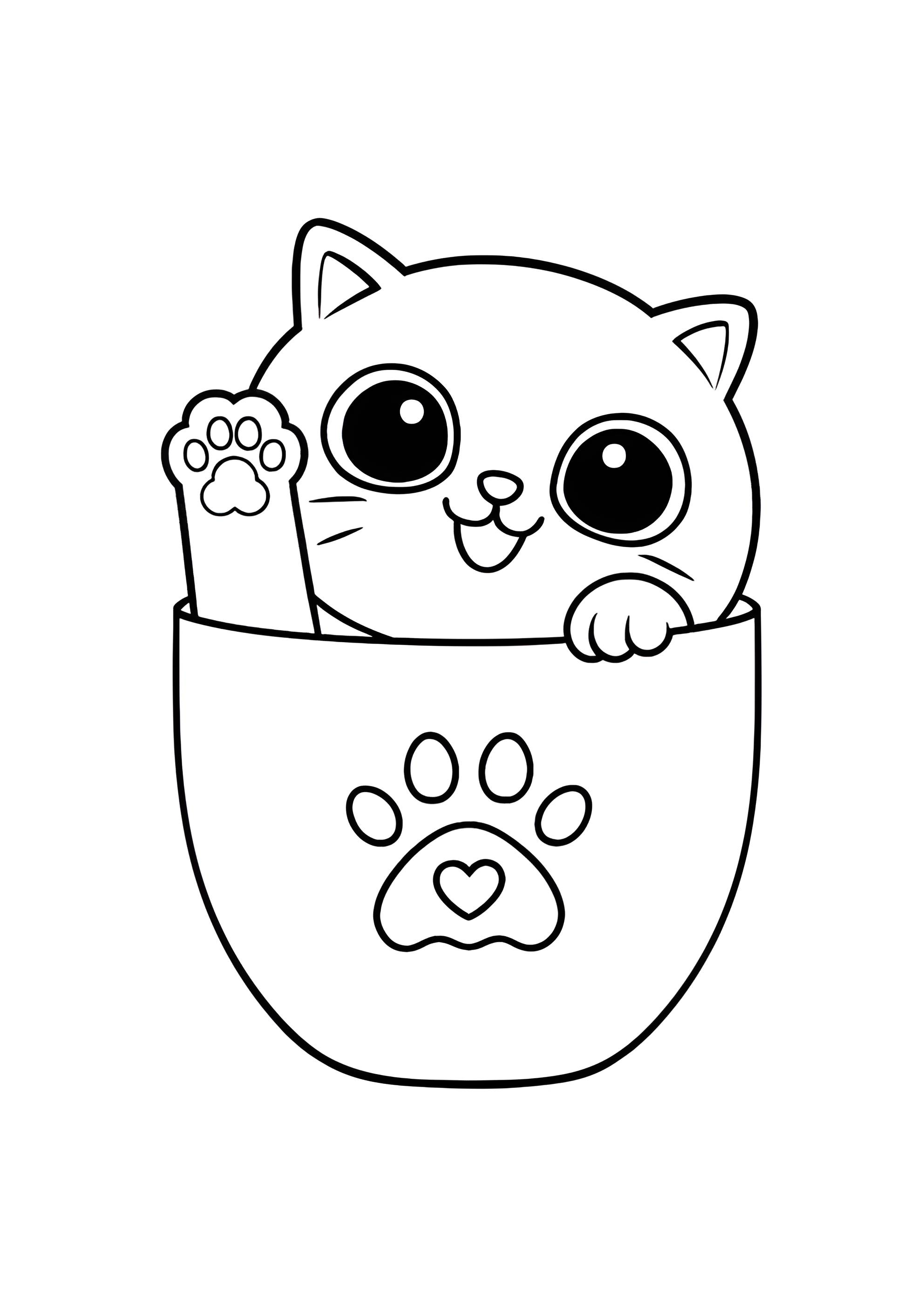 Раскраска Котёнок машет лапкой из чашки