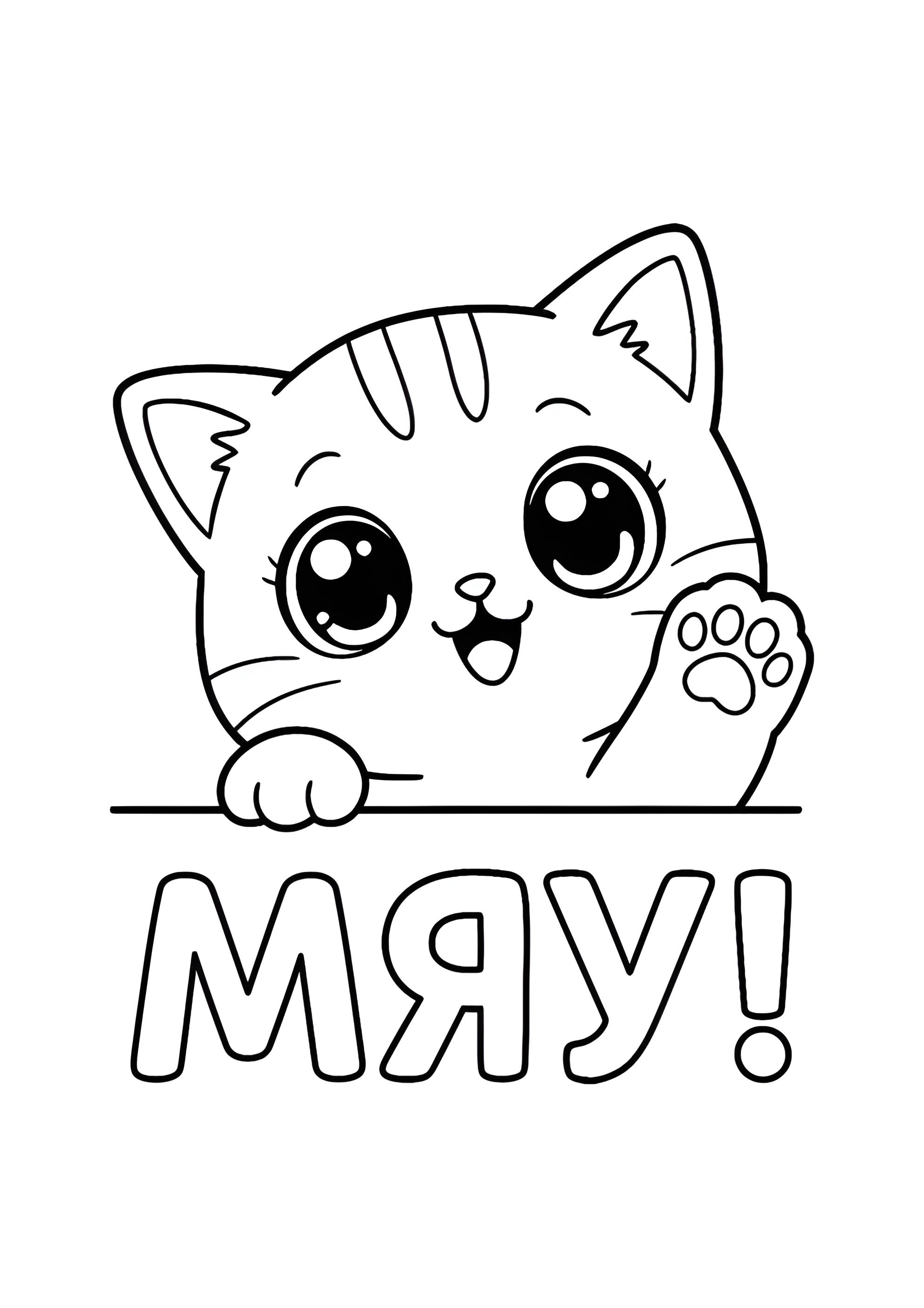 Раскраска Котёнок машет лапкой МЯУ!