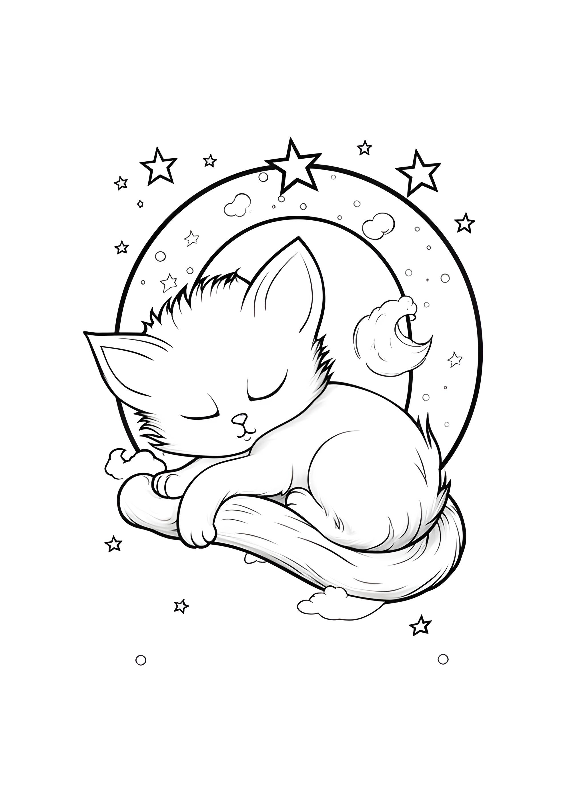 Раскраска Котёнок на луне и звёзды