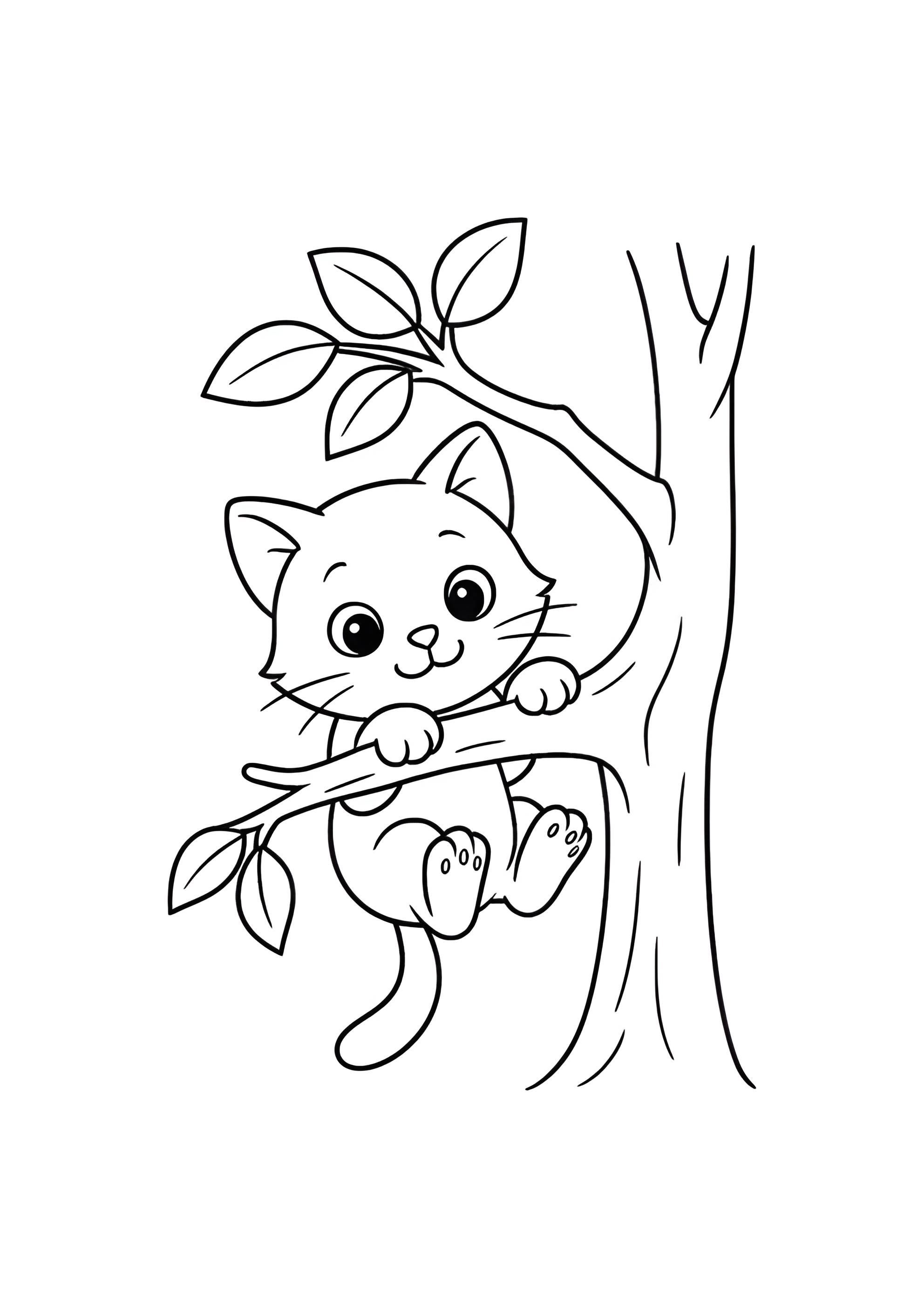 Раскраска Котёнок повис на дереве