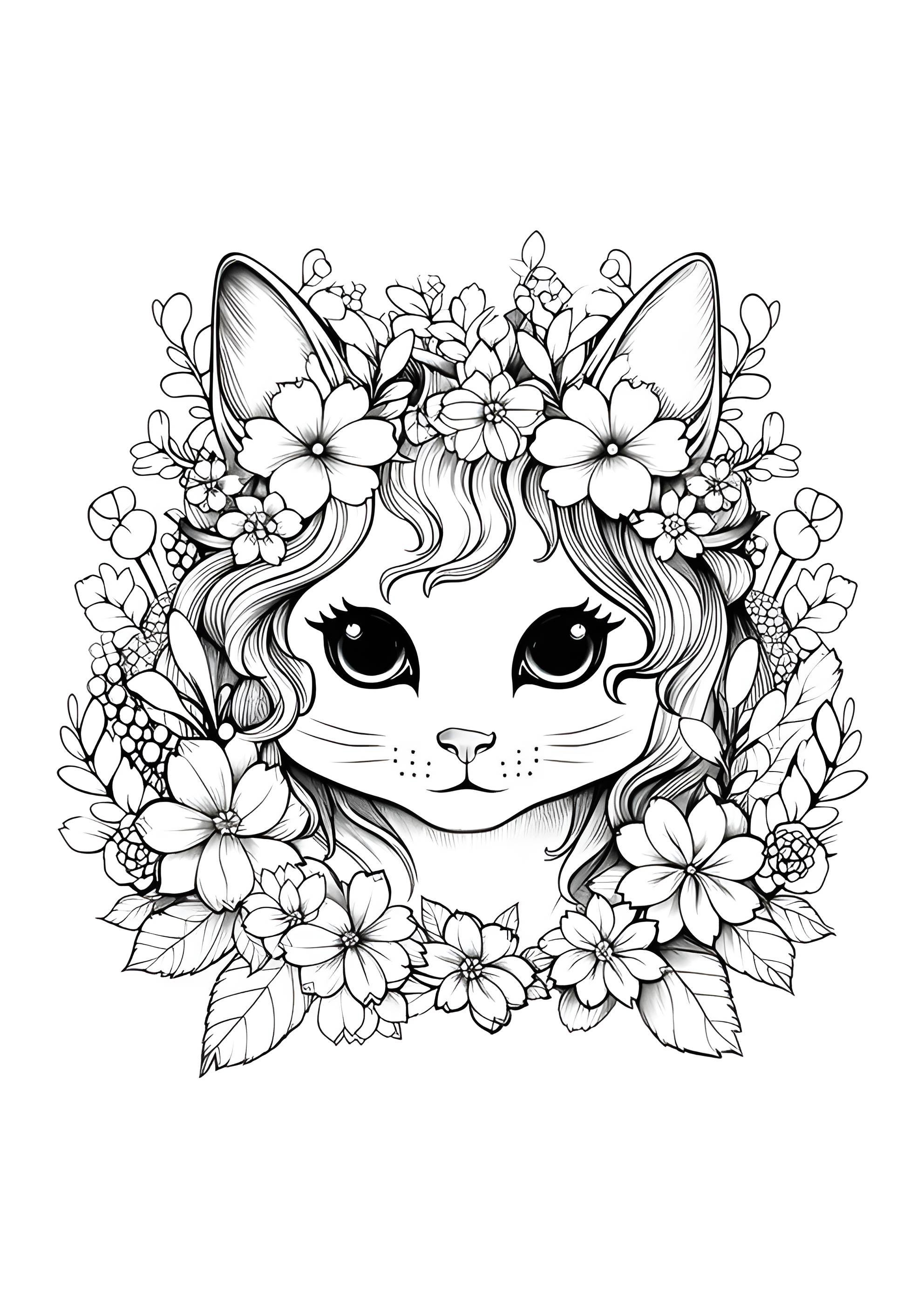 Раскраска Котёнок с красивыми цветами