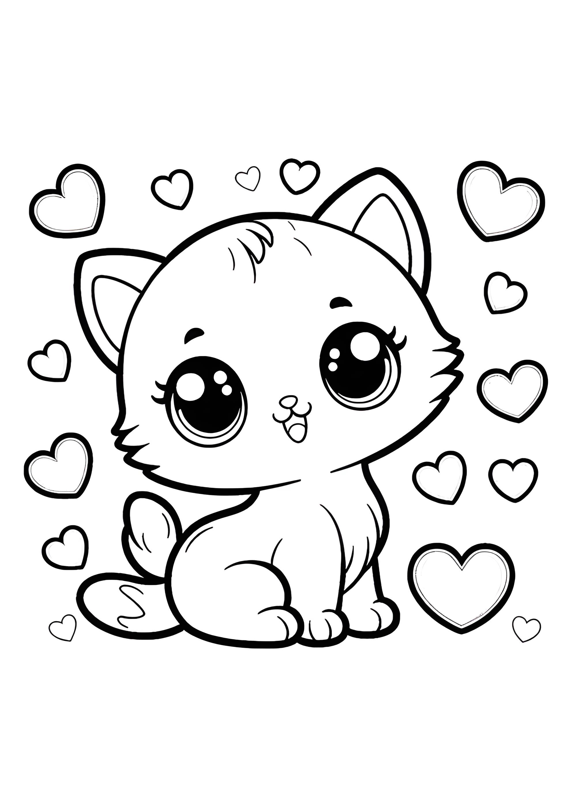 Раскраска Котёнок с сердечками