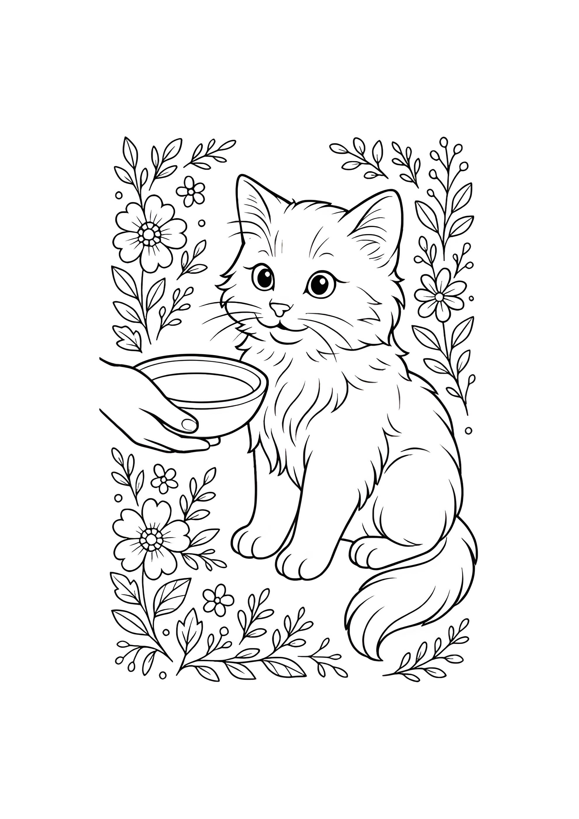 Раскраска Котёнок в цветах и миска молока