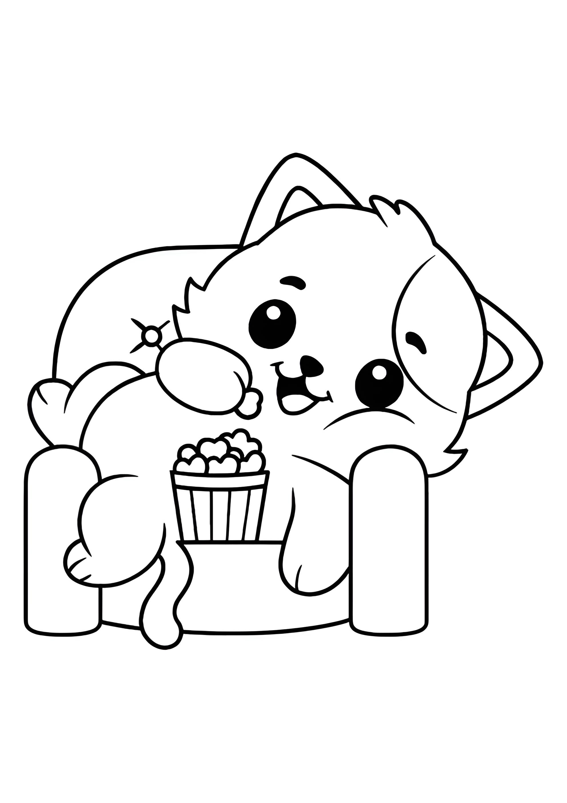 Раскраска Котёнок в кресле с попкорном