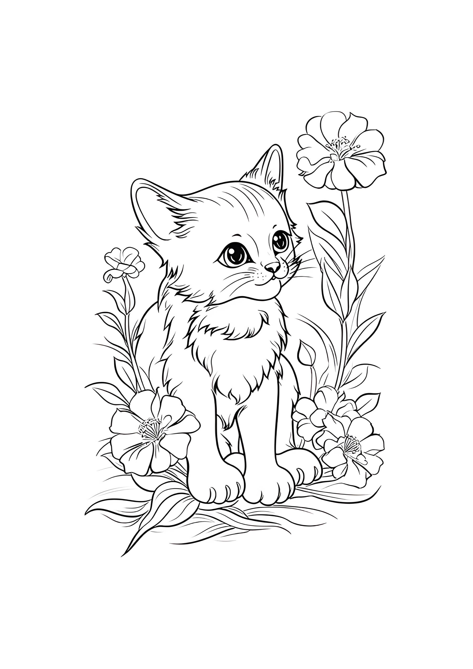 Раскраска Красивая кошка и цветы