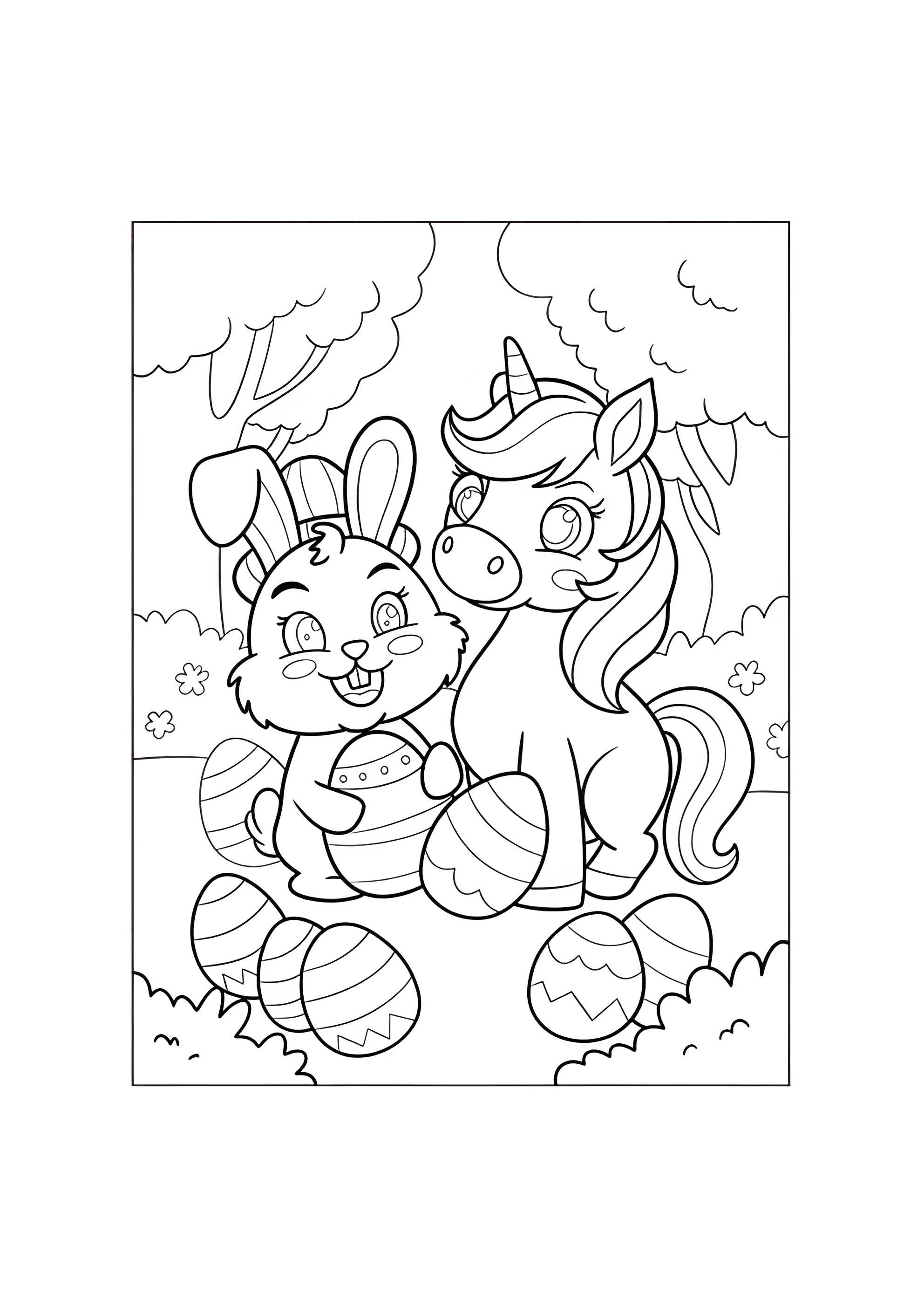 Раскраска Кролик и единорог на пасху
