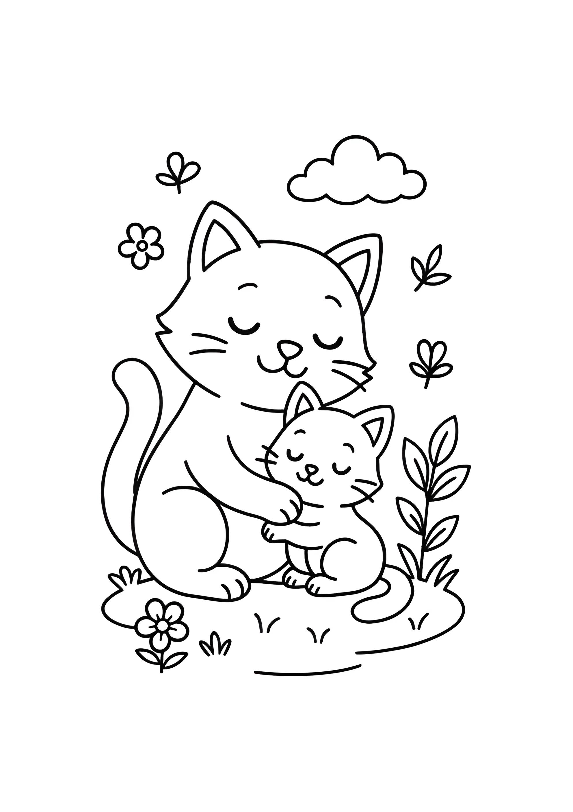 Раскраска Ласковая кошка с котенком