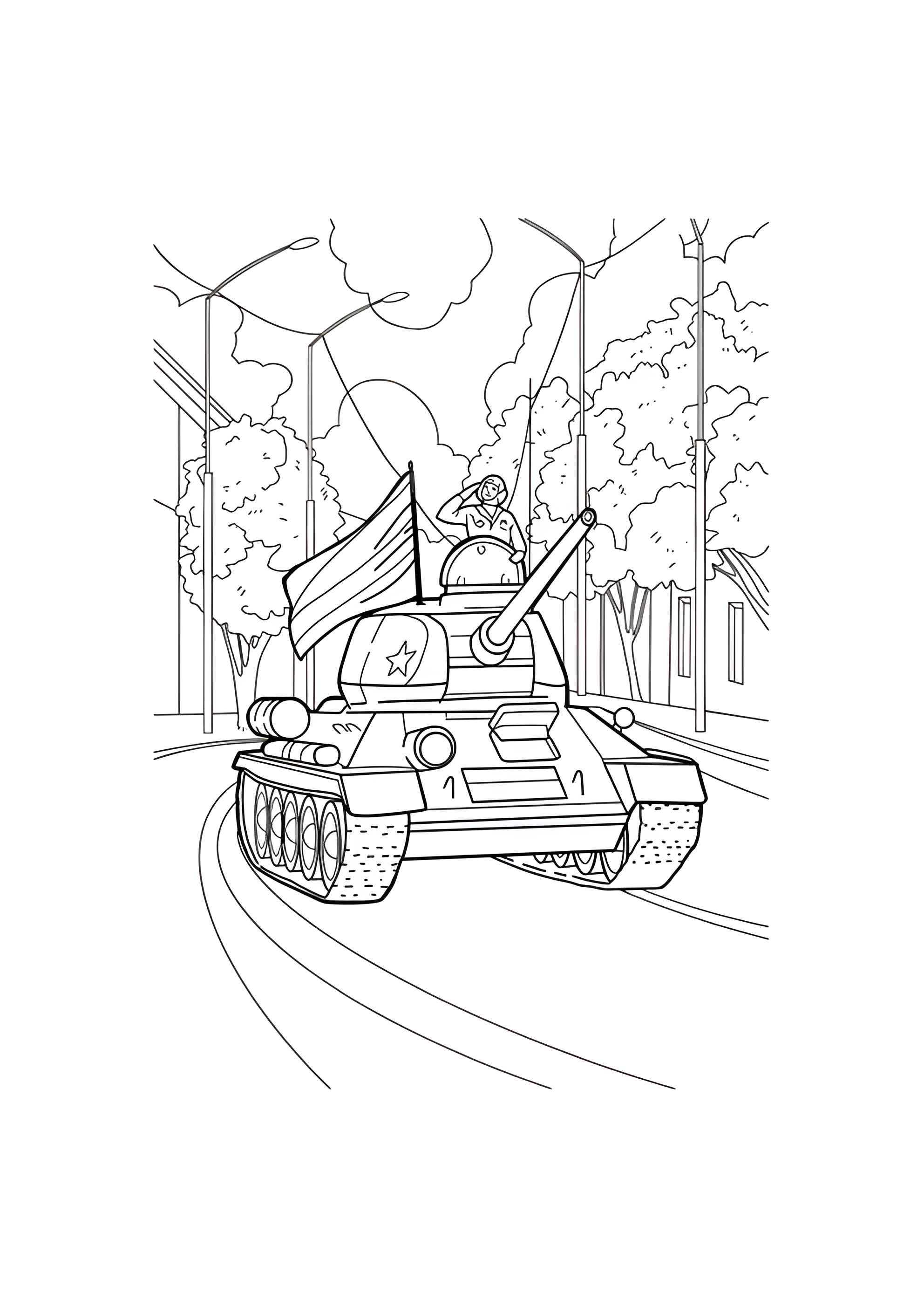 Раскраска Легендартный танк Т-34 на параде 9 мая