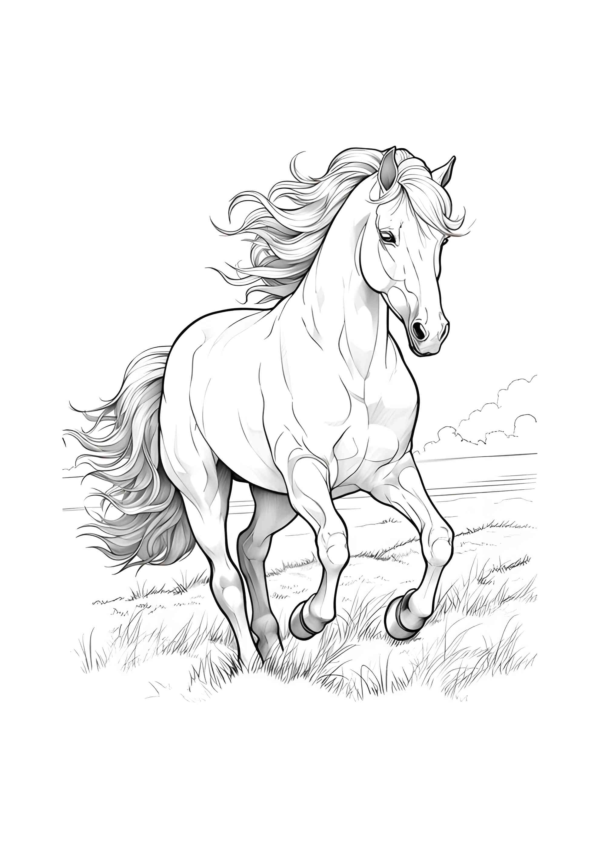 Раскраска Лошадь бежит по лугу