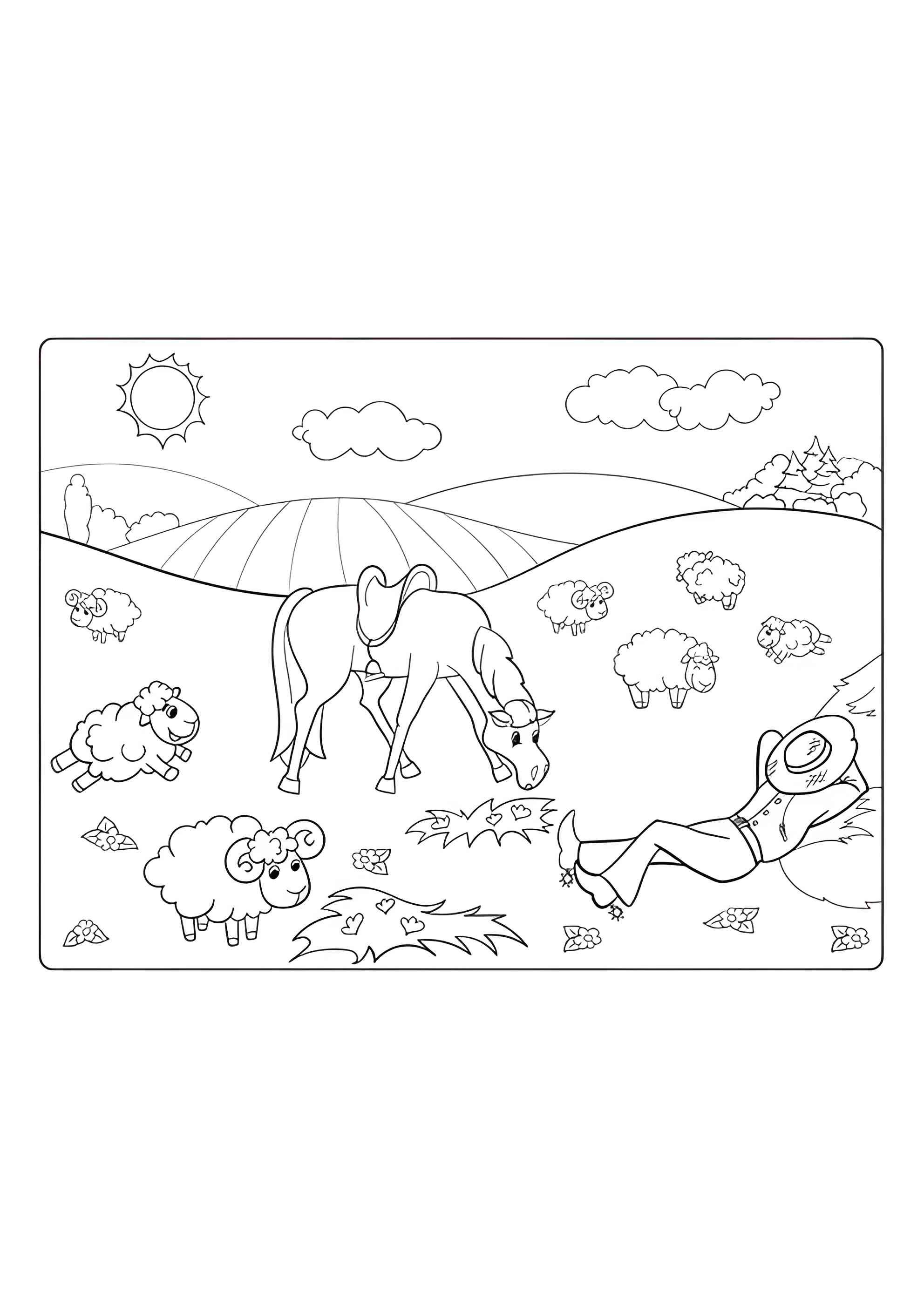 Раскраска Лошадь и овечки