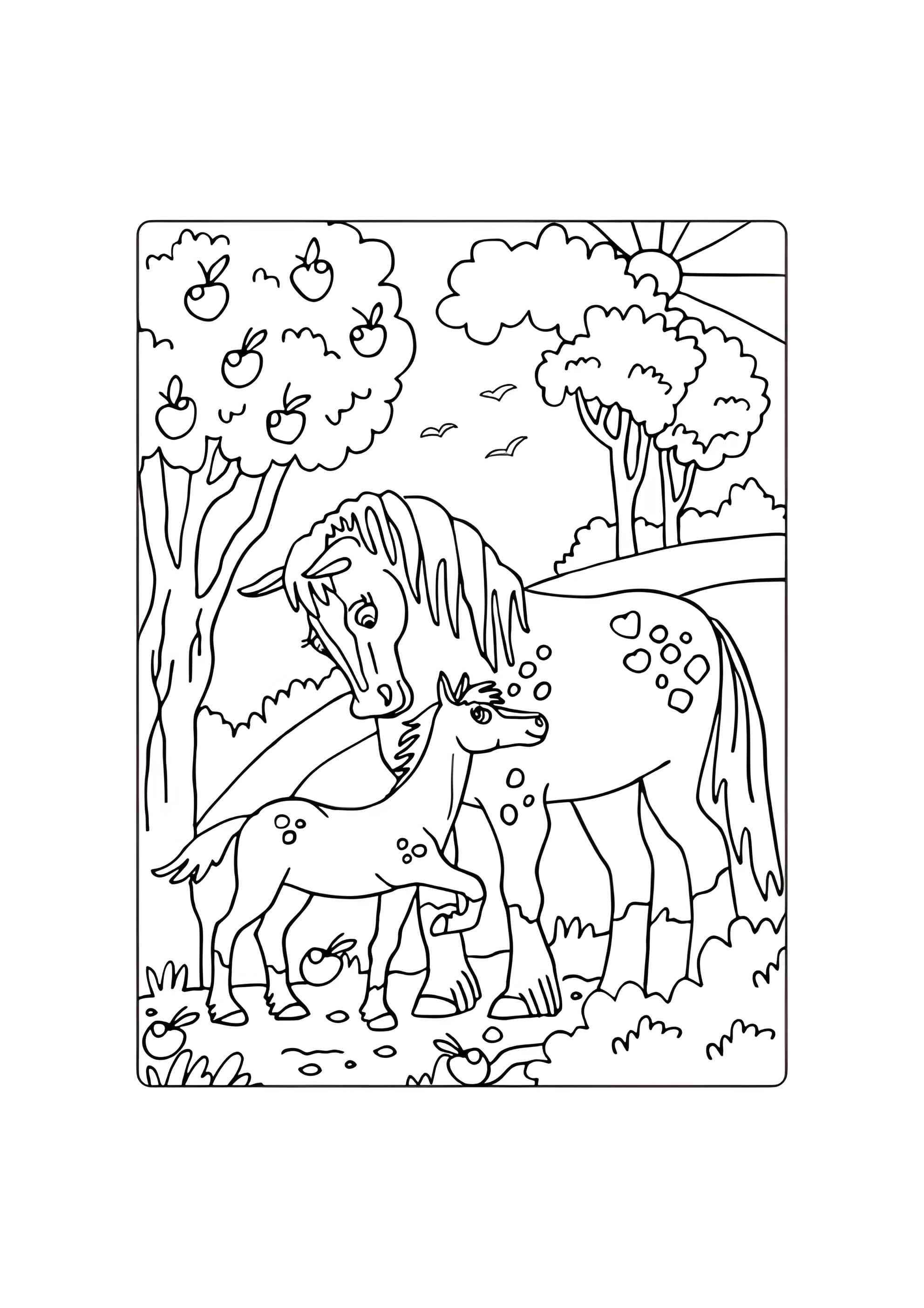 Раскраска Лошадь и жеребенок на природе