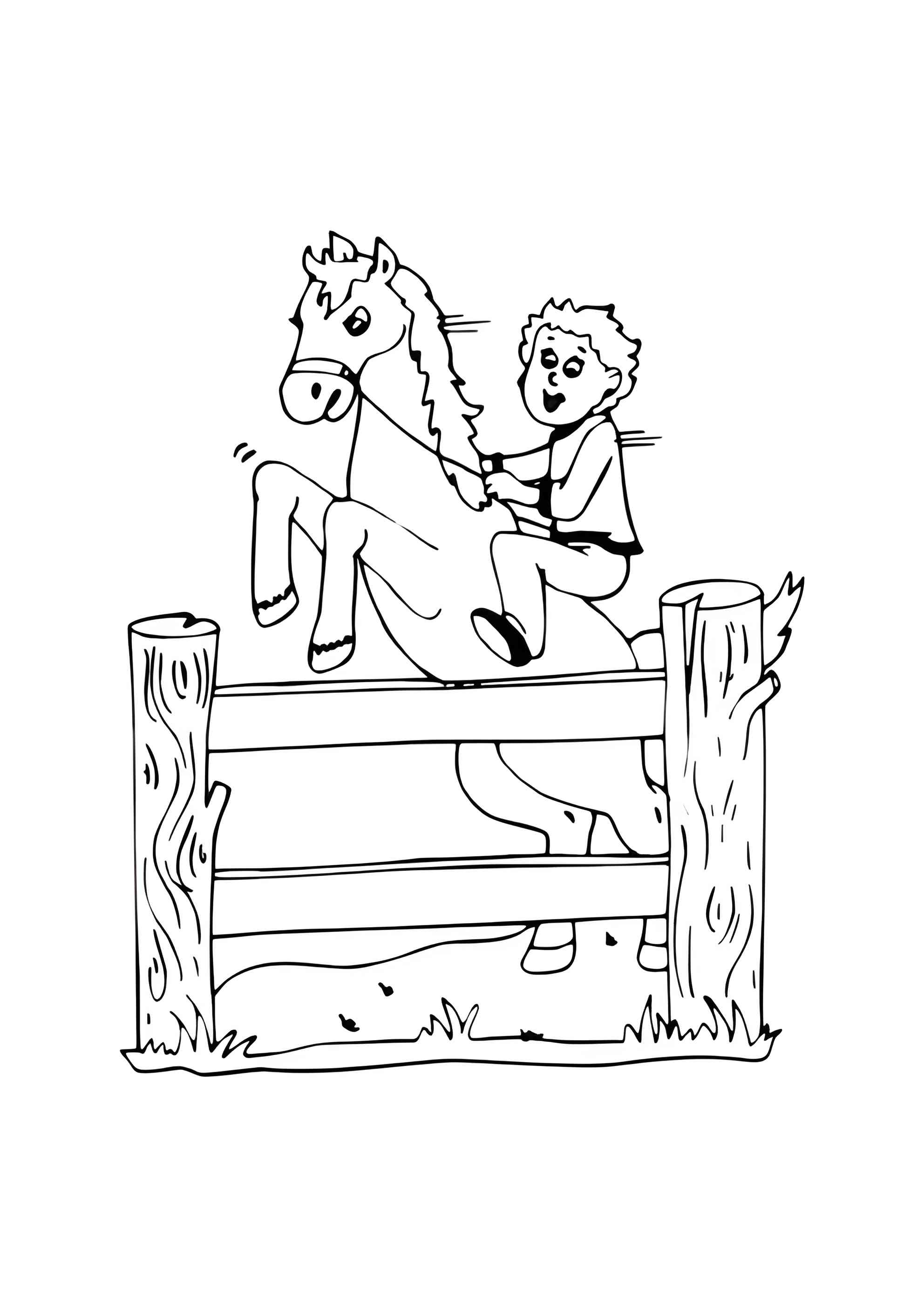 Раскраска Лошадь прыгает через заборчик