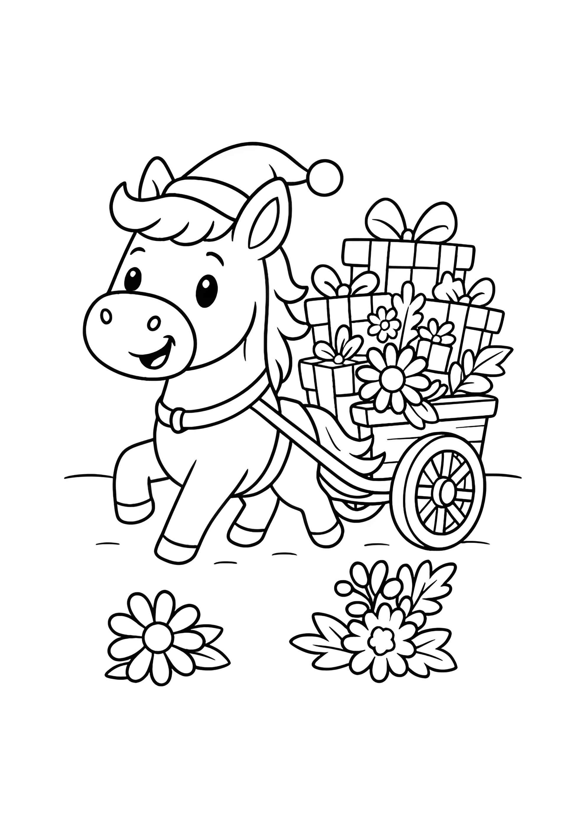 Раскраска Лошадка везёт подарки