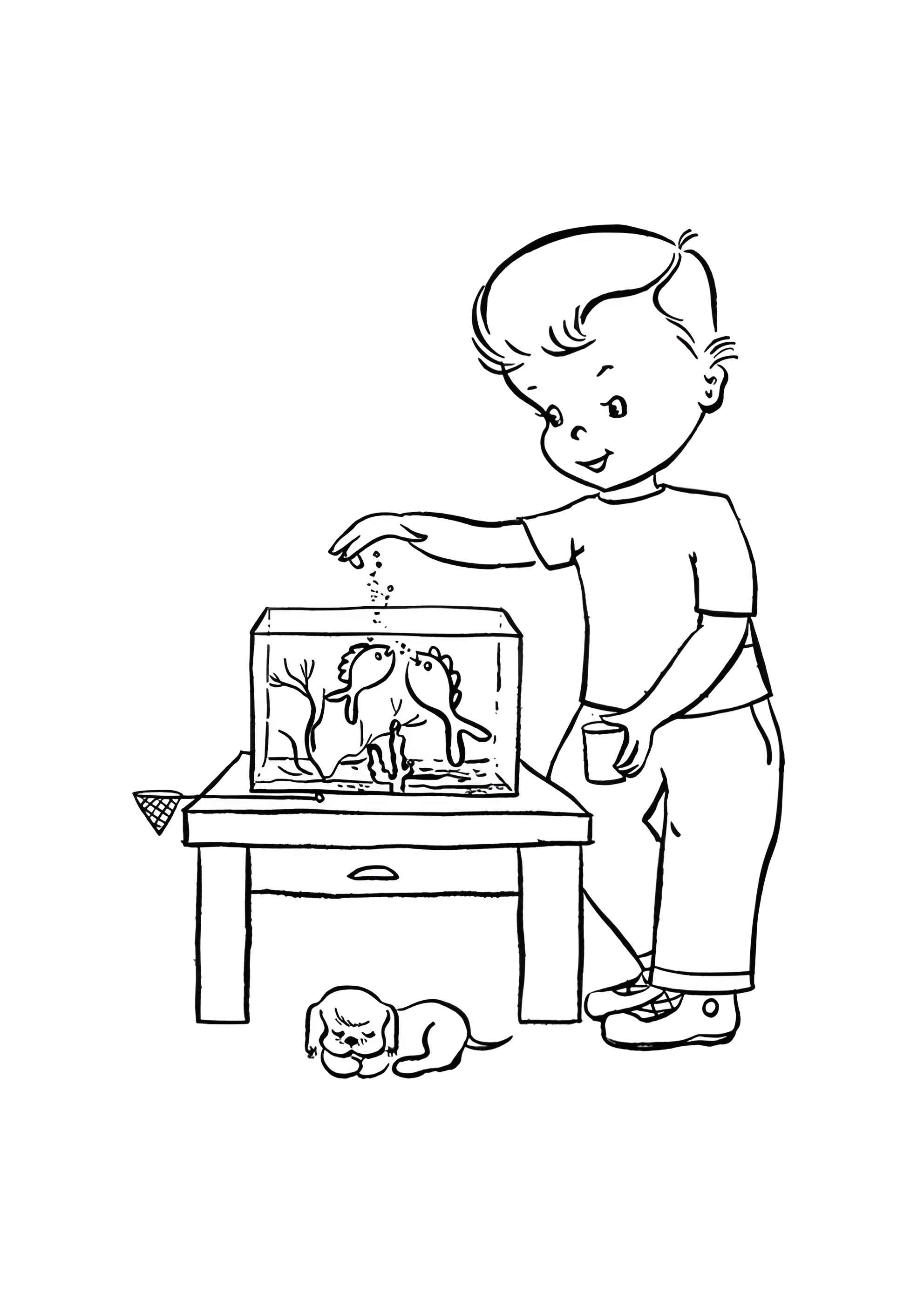 Раскраска Мальчик кормит рыбок