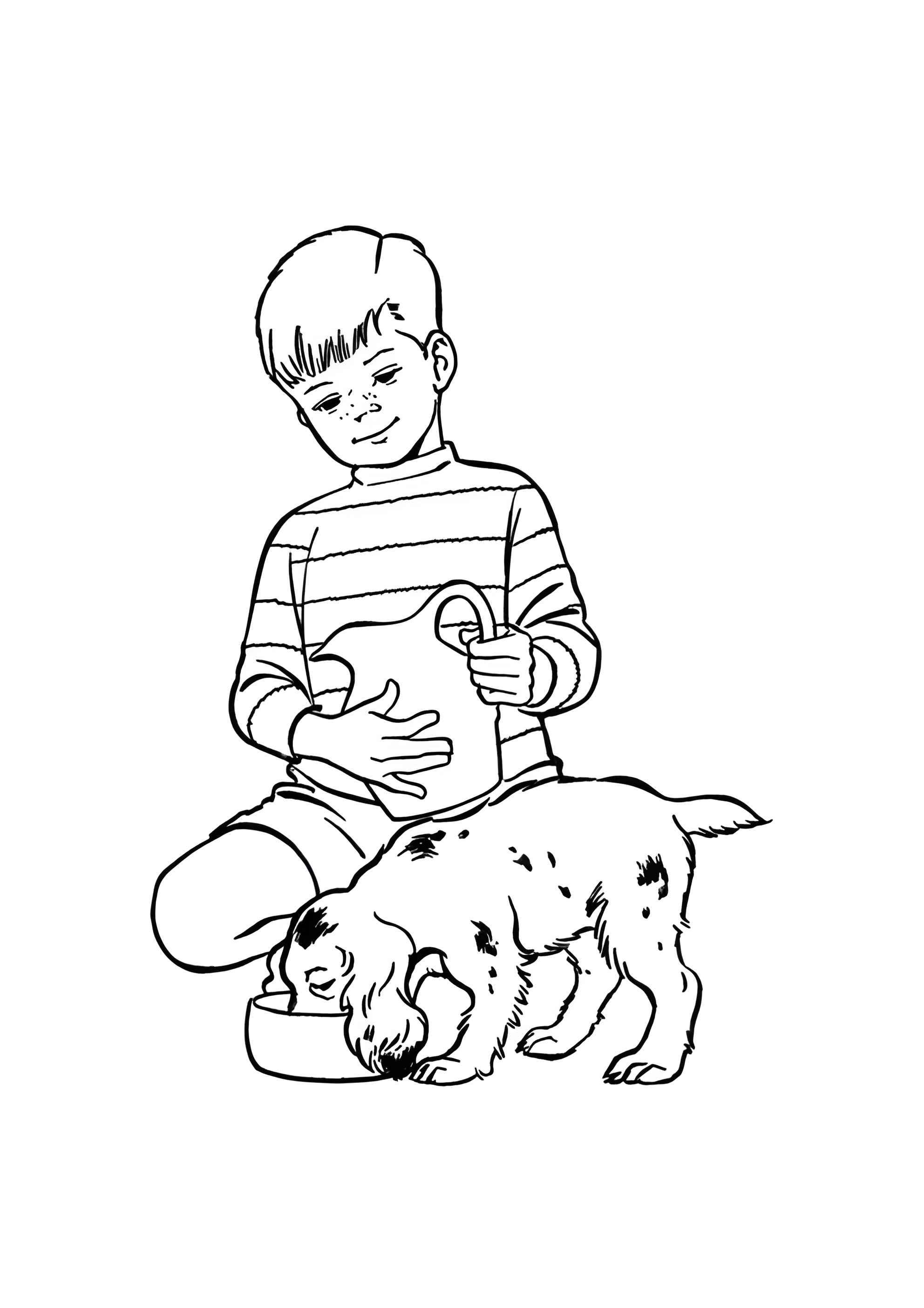 Раскраска Мальчик кормит свою собаку