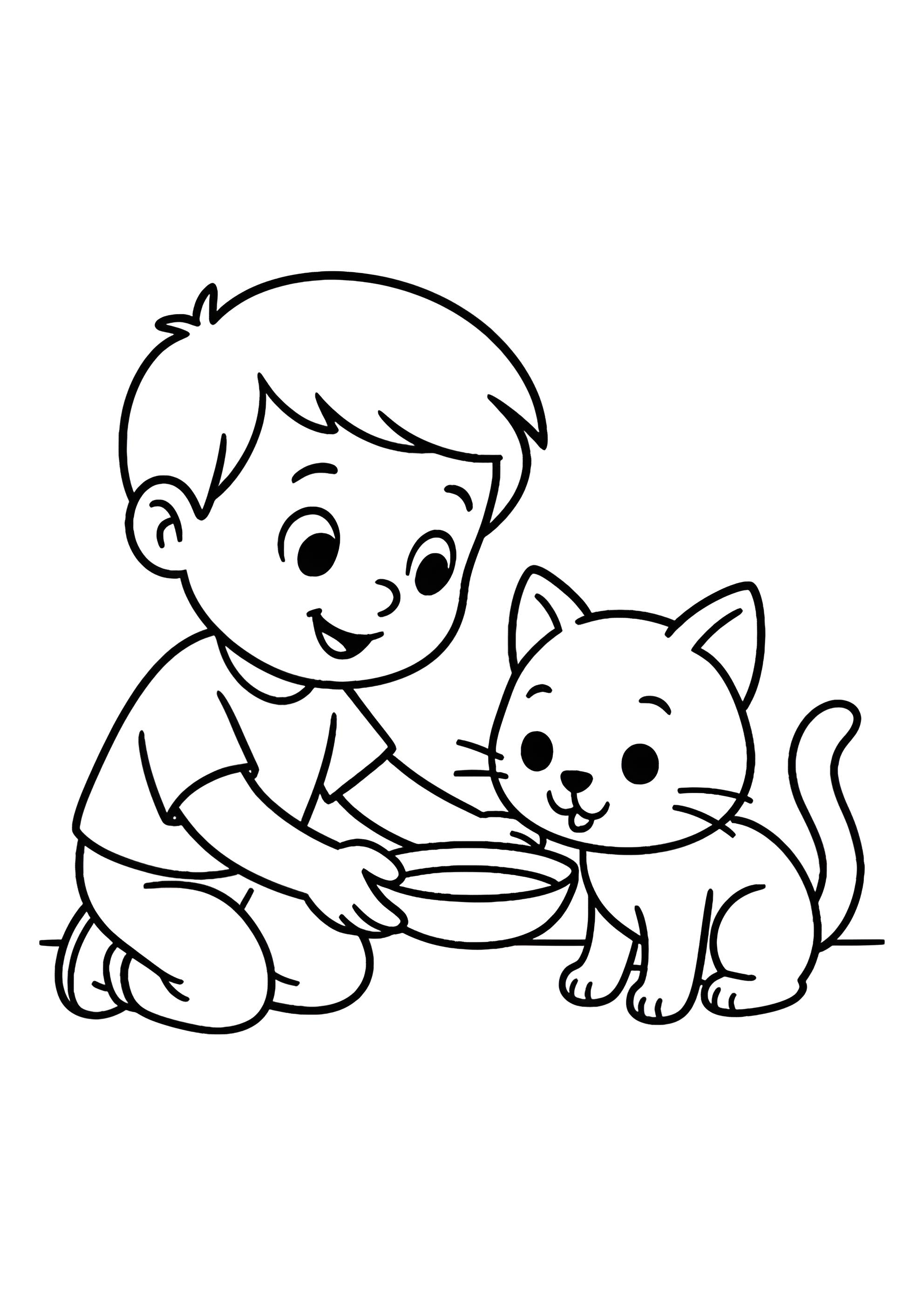 Раскраска Мальчик поит котёнка молоком