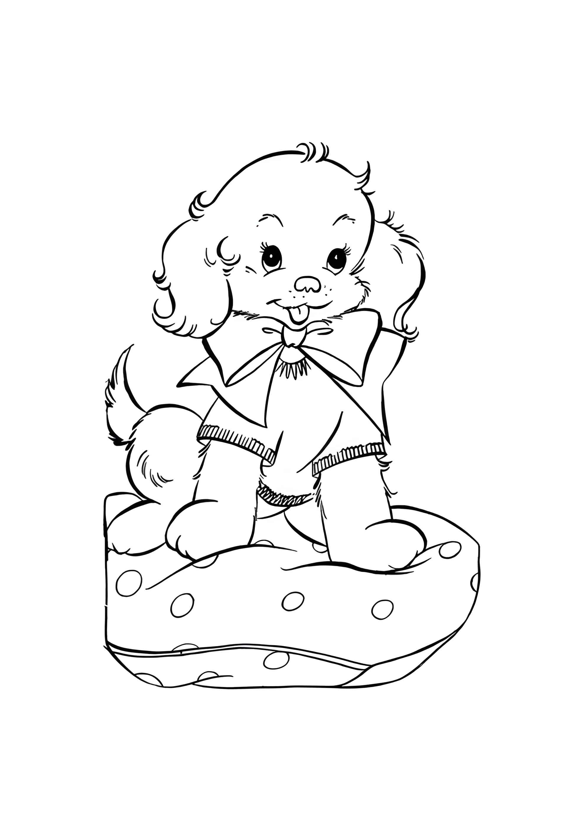 Раскраска Маленькая собачка на мягкой подушке