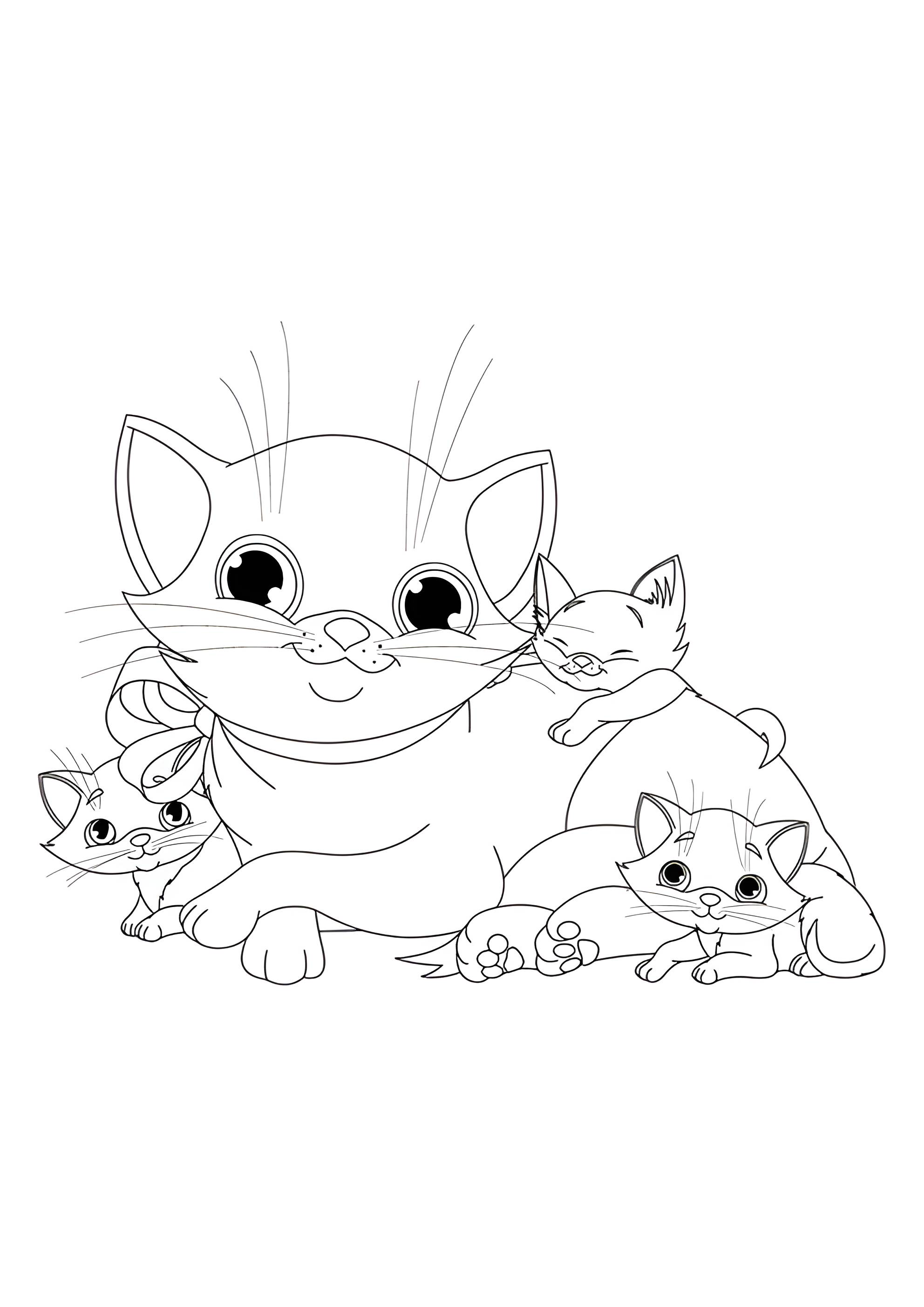 Раскраска Мама кошка и котятки