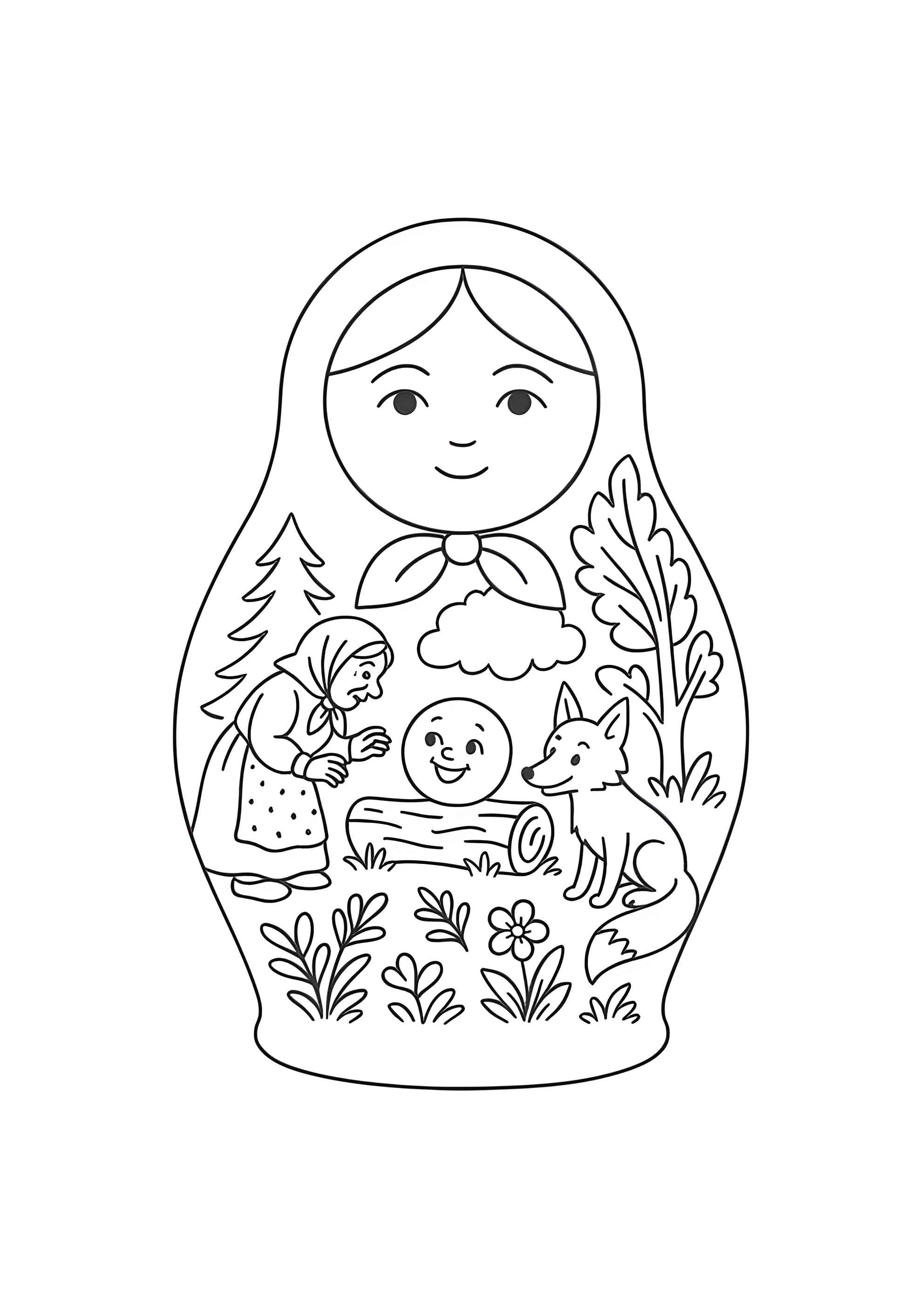 Раскраска Матрёшка со сказкой колобок