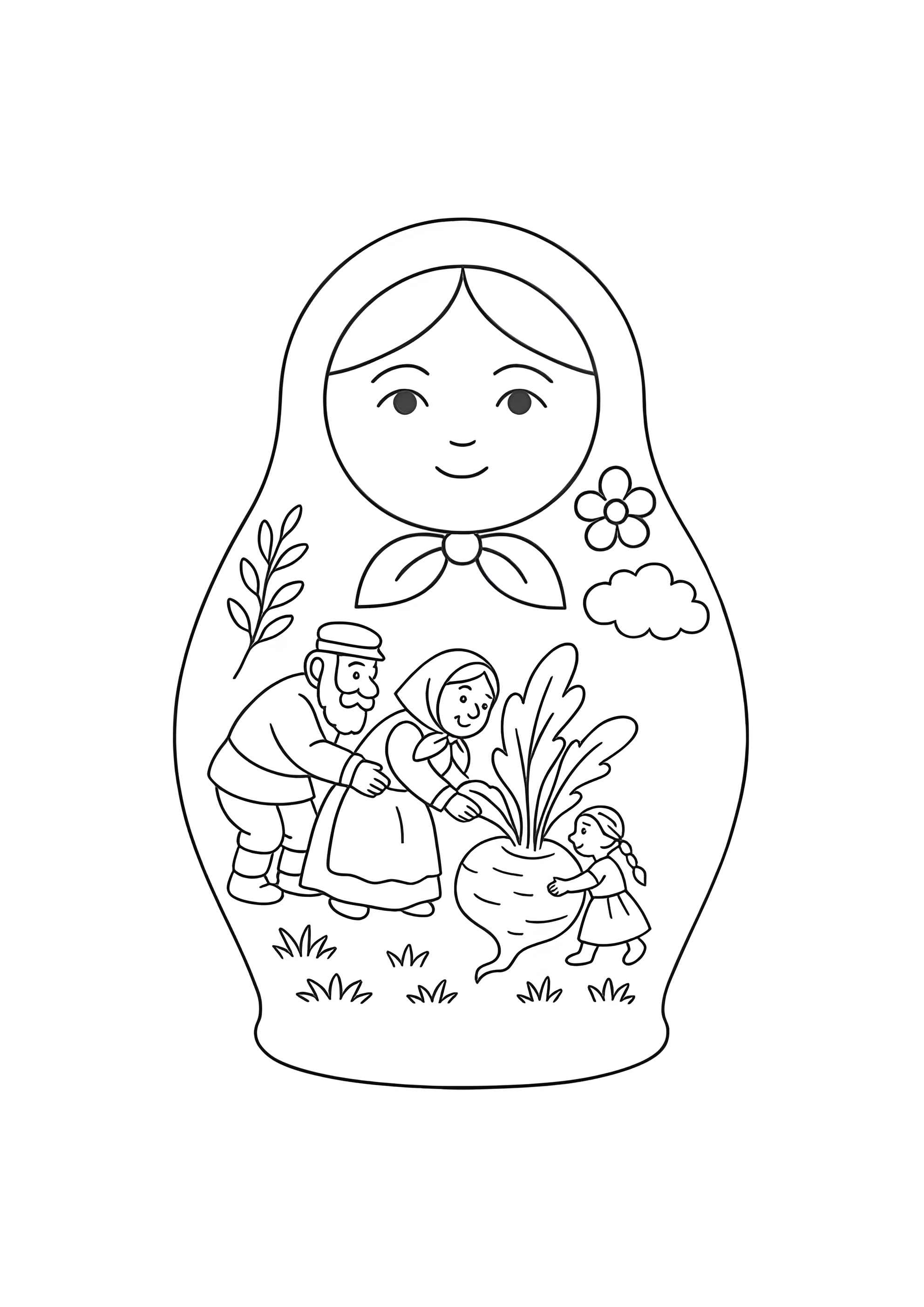 Раскраска Матрёшка со сказкой репка