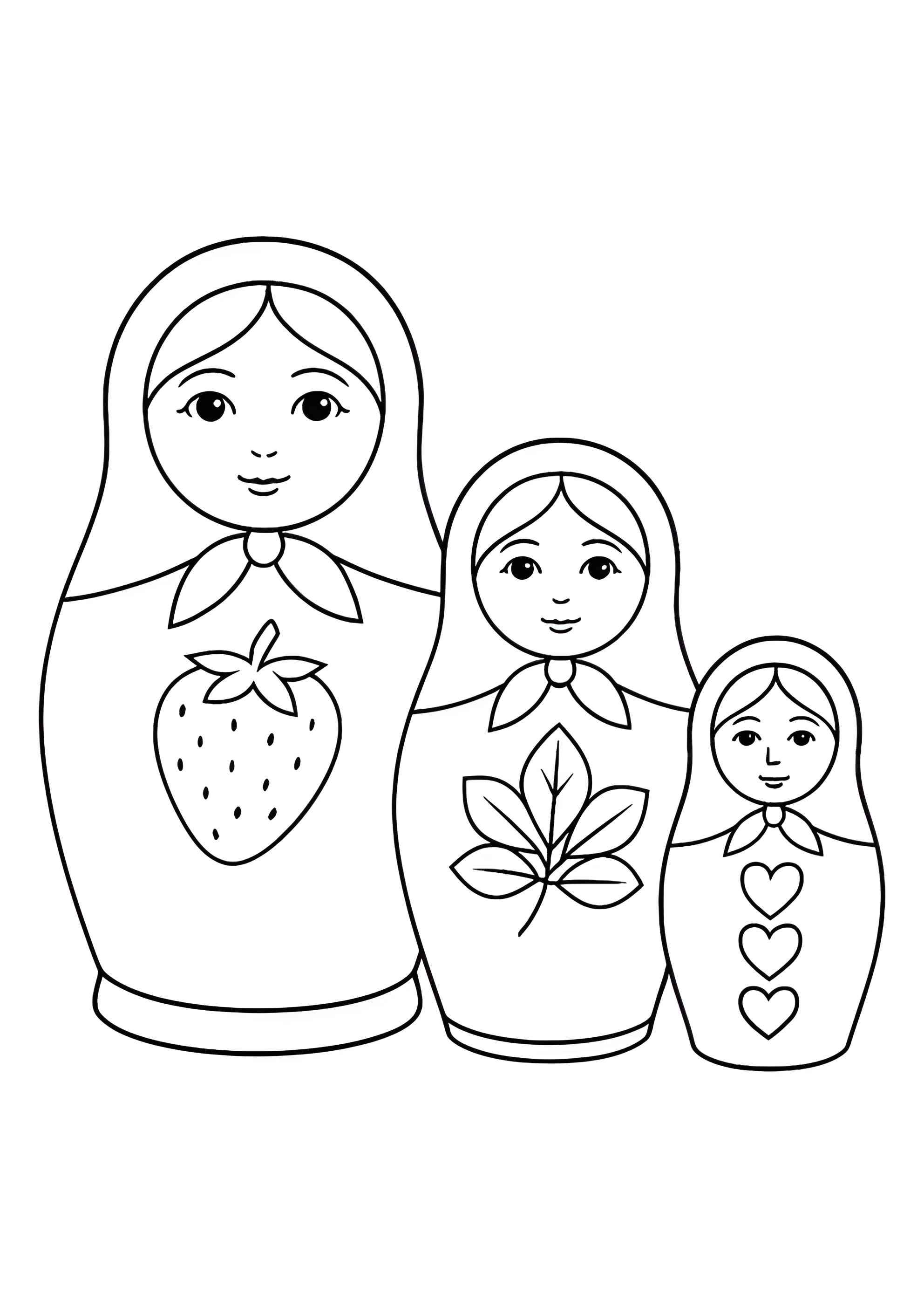 Раскраска Матрёшки с землёничкой, листиком и сердечками