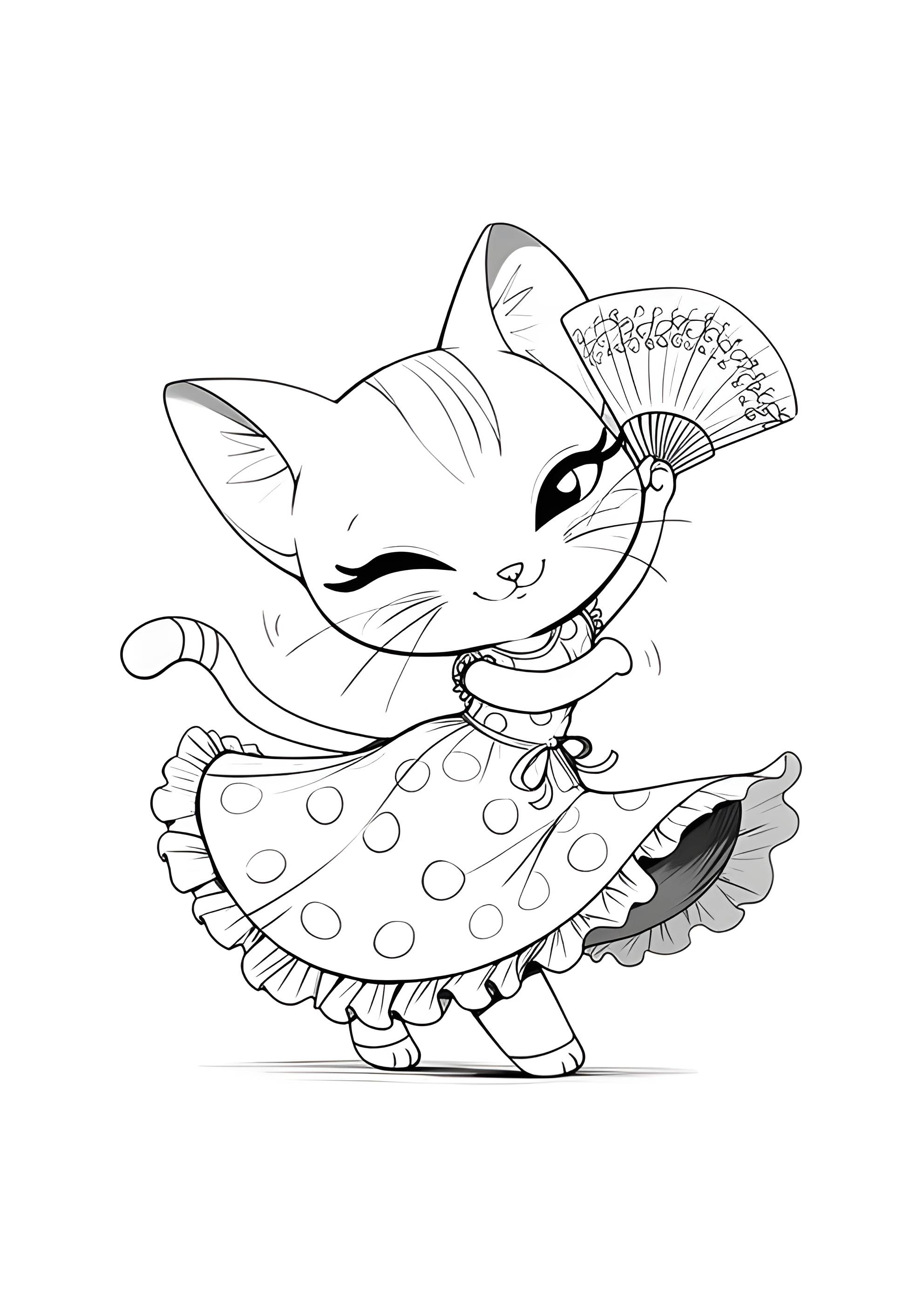 Раскраска Милая кошечка с веером