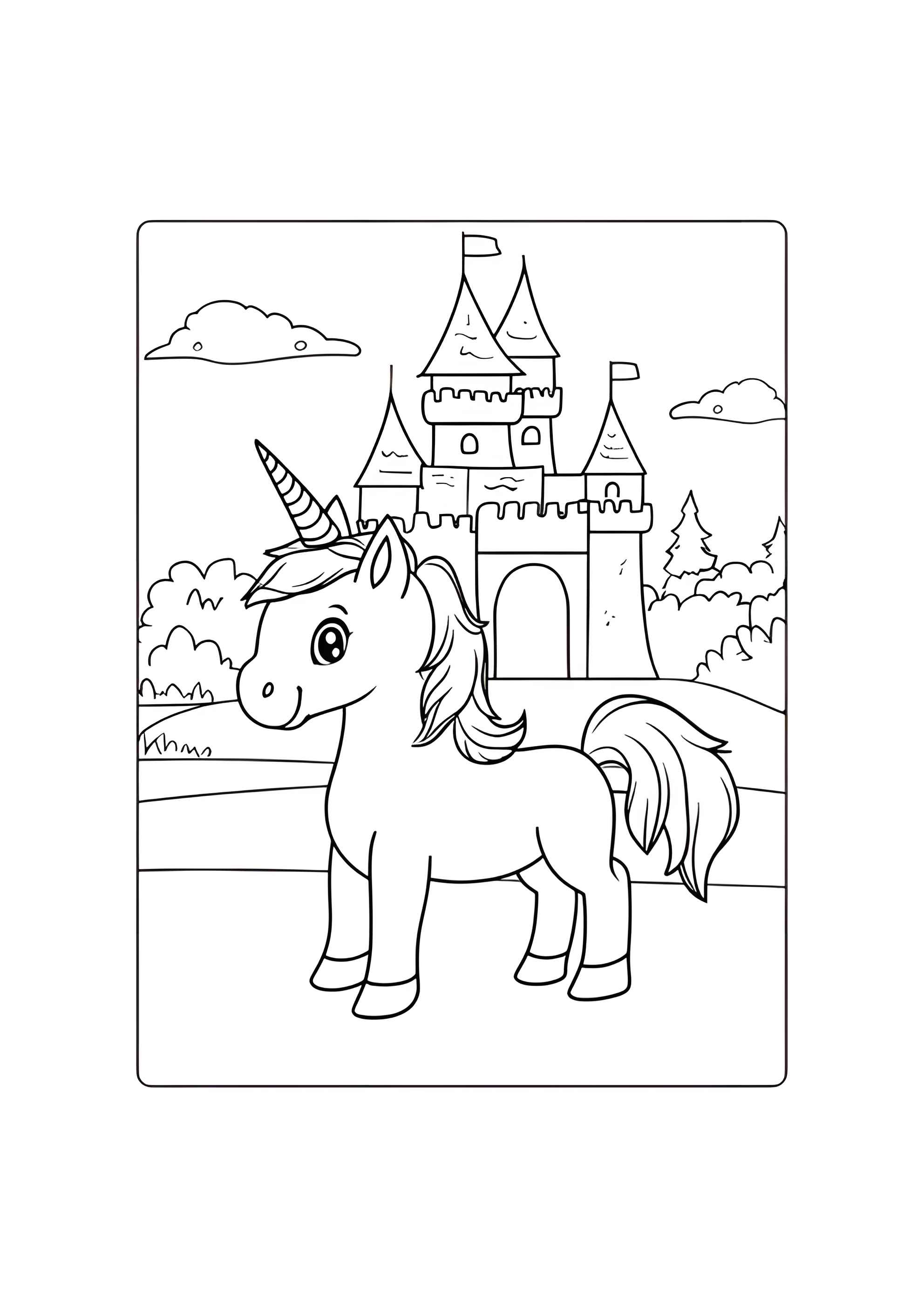 Раскраска Милый единорог возле замка