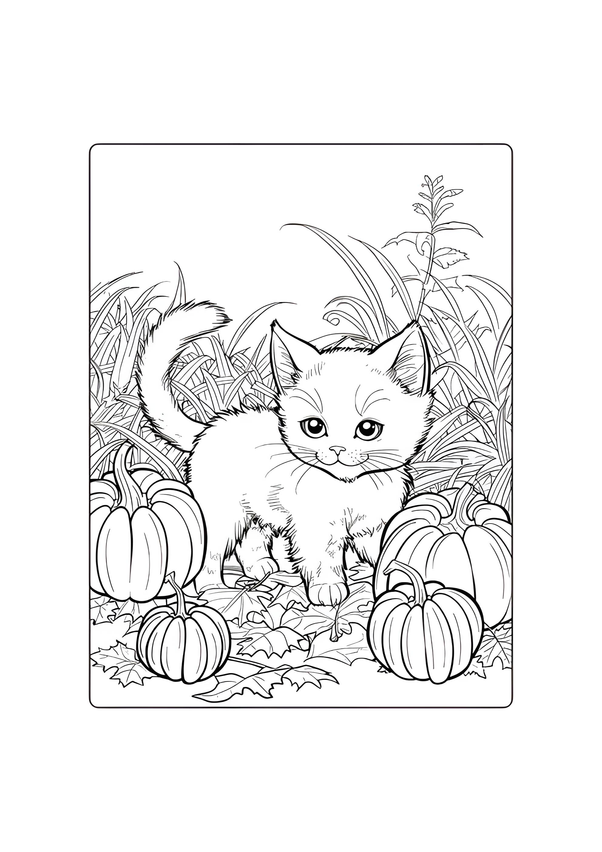 Раскраска Милый котенок с тыквами