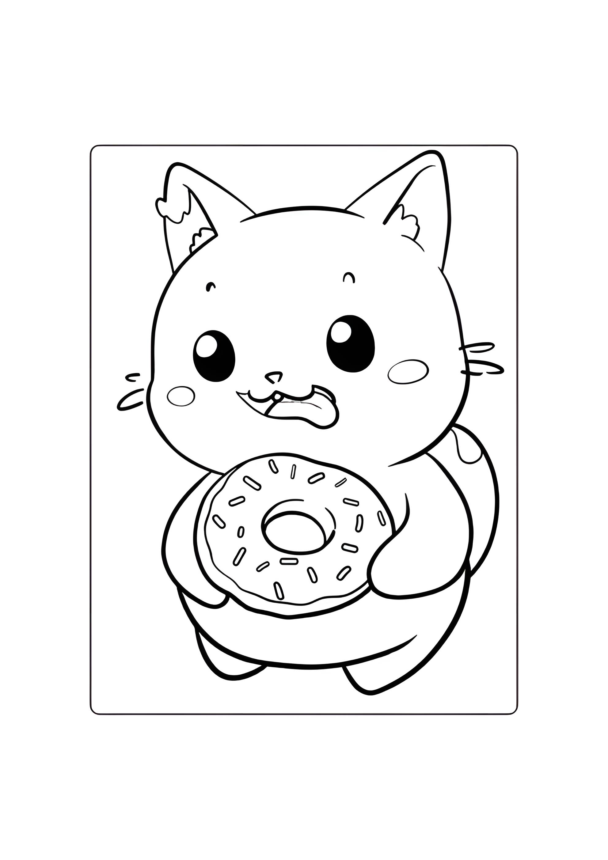 Раскраска Милый котик ест пончик