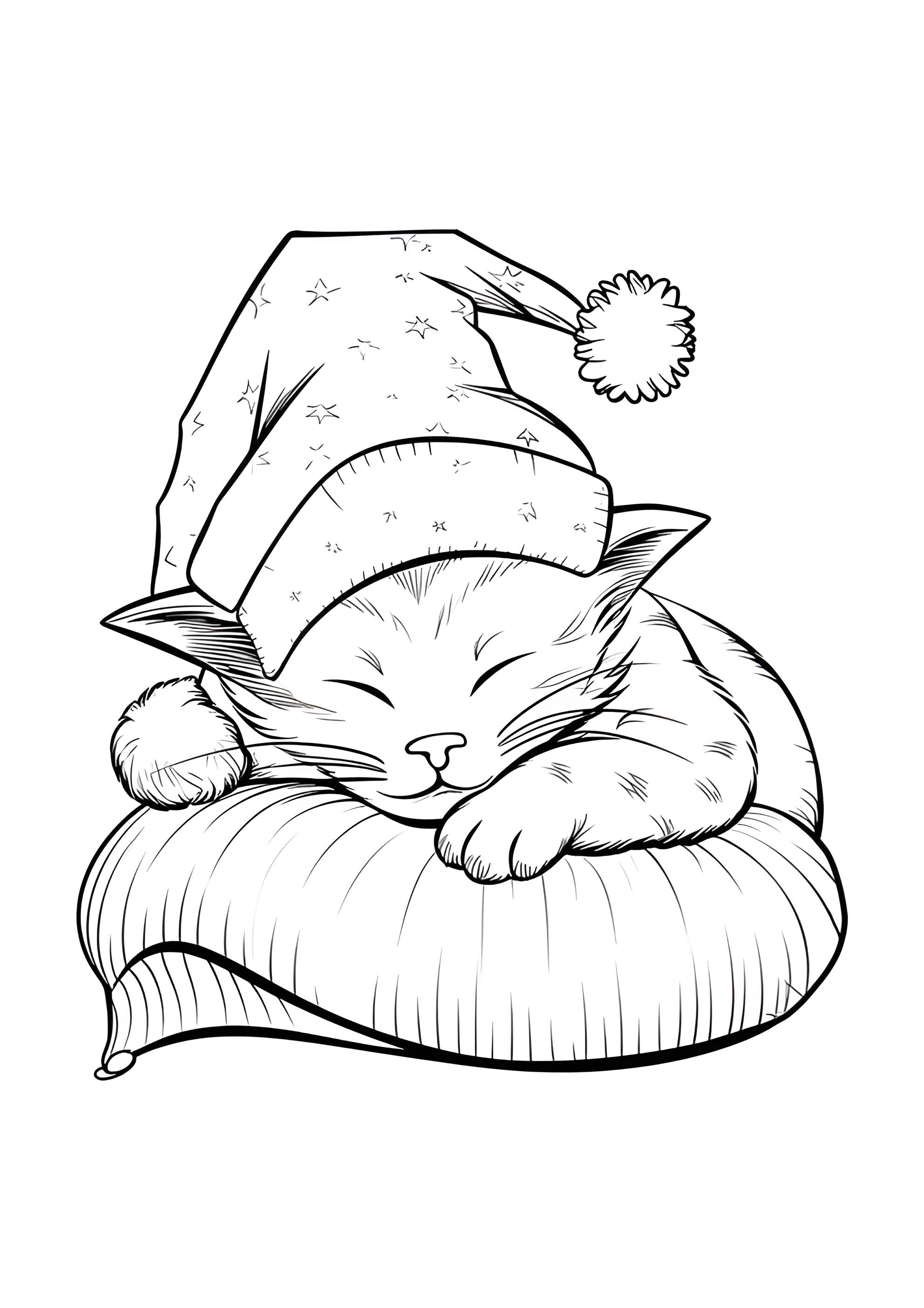 Раскраска Милый котик спит в шапке