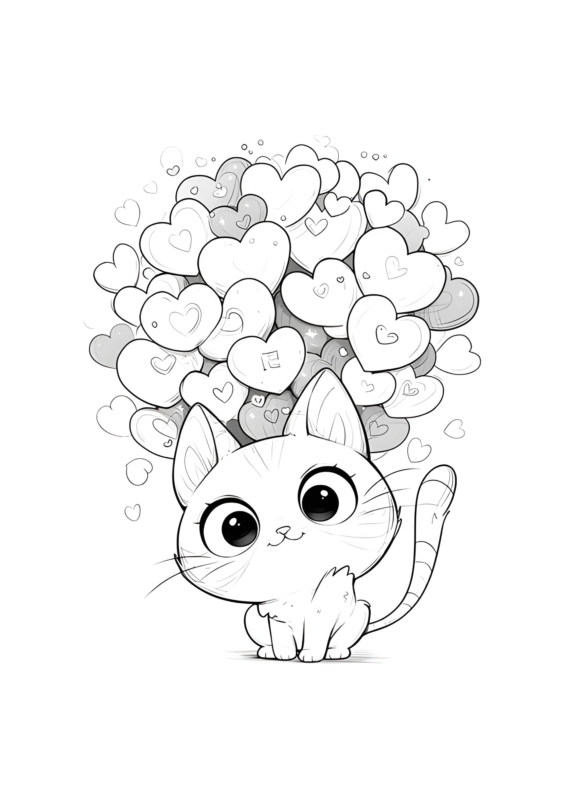 Раскраска Милый котёнок с сердечками