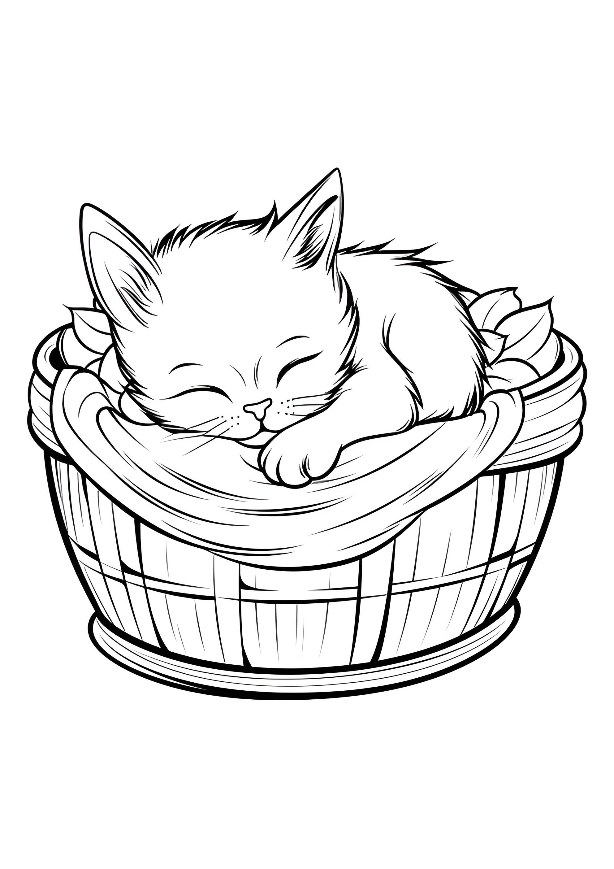 Раскраска Милый котёнок спит в корзинке