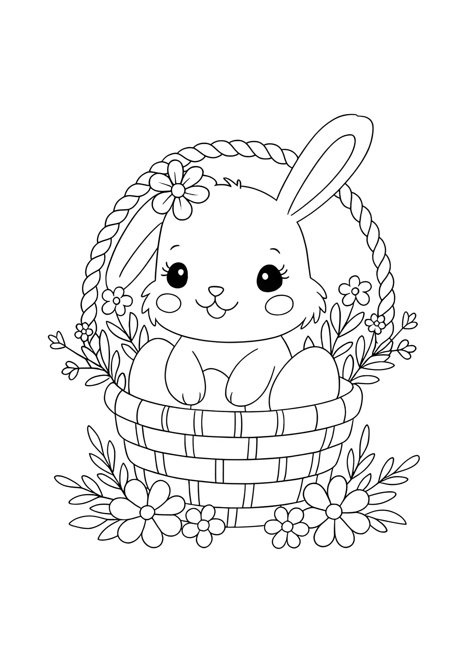 Раскраска Милый кролик в корзинке