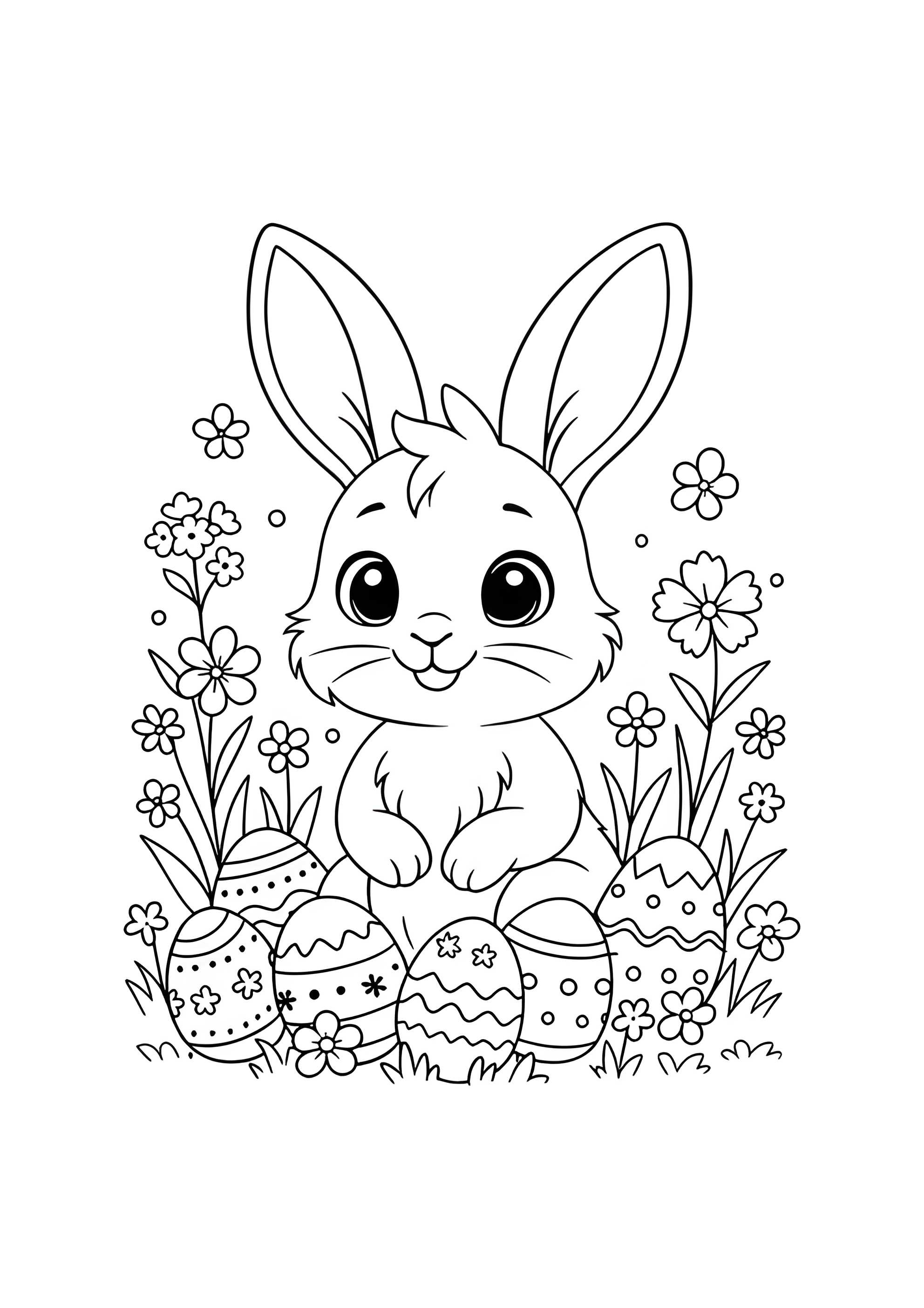Раскраска Милый зайчик в кустах с пасхальными яйцами