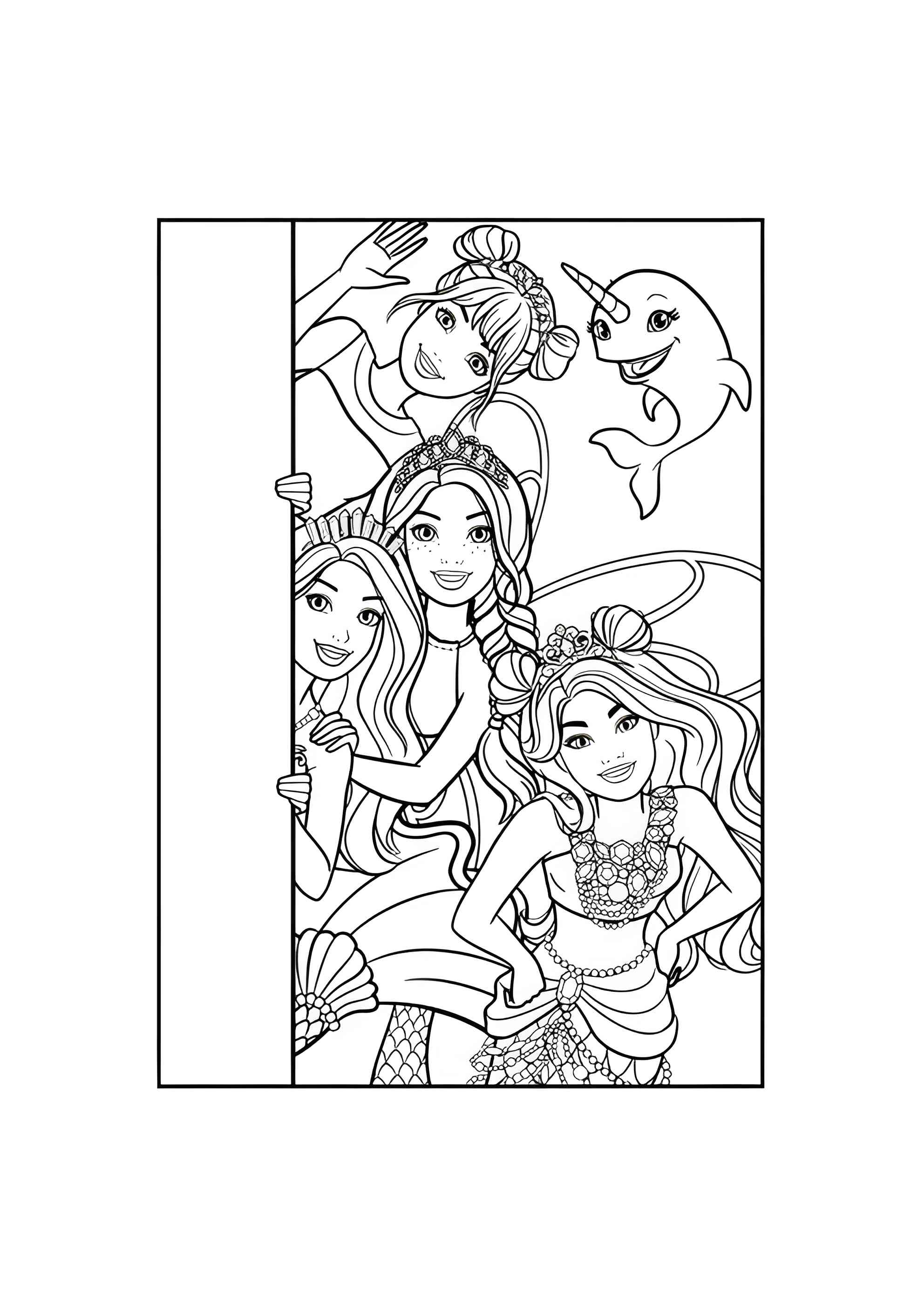 Раскраска Открытка барби с подружками и нарвал