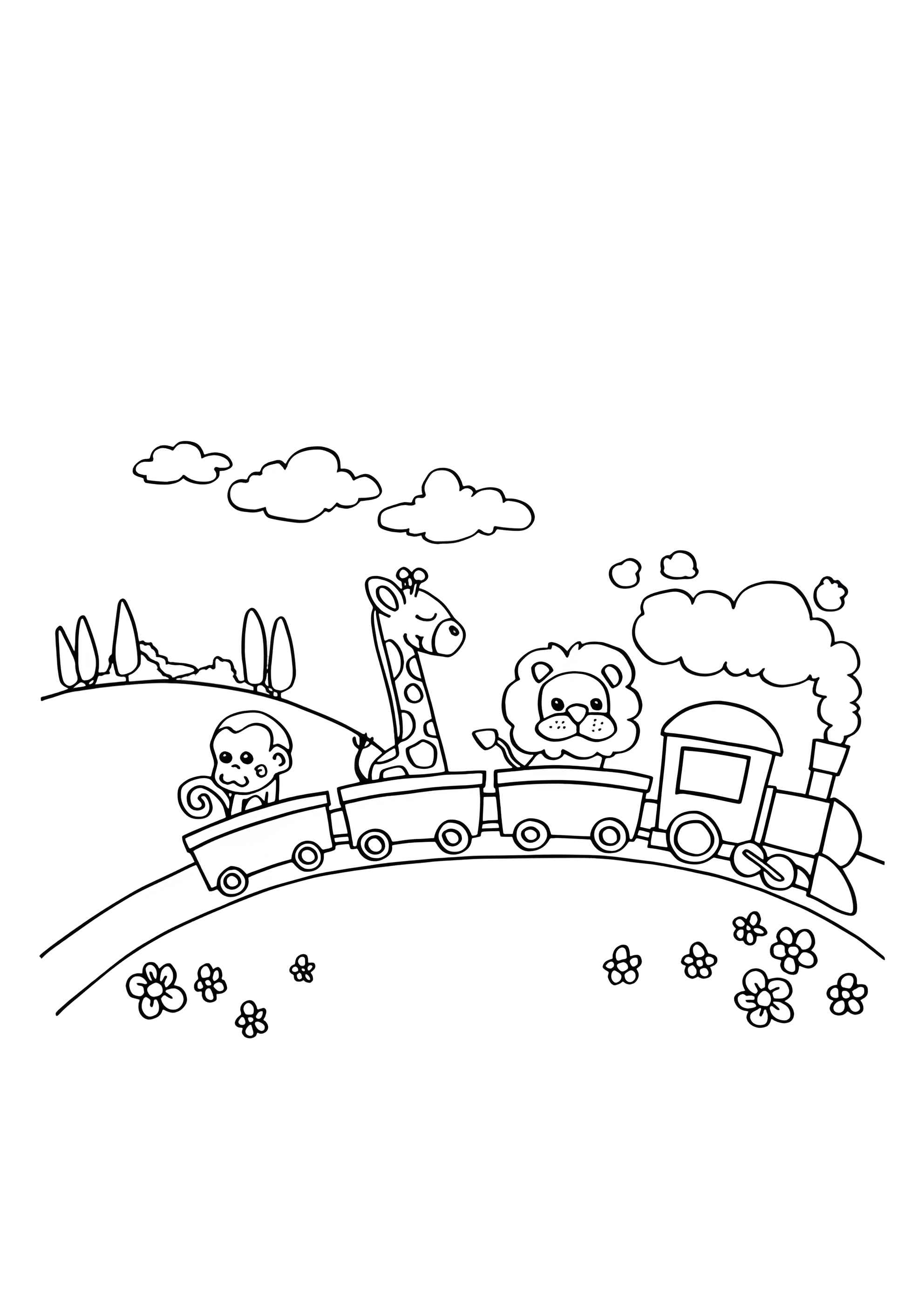 Раскраска Паровозик, лев, жираф и обезъянка