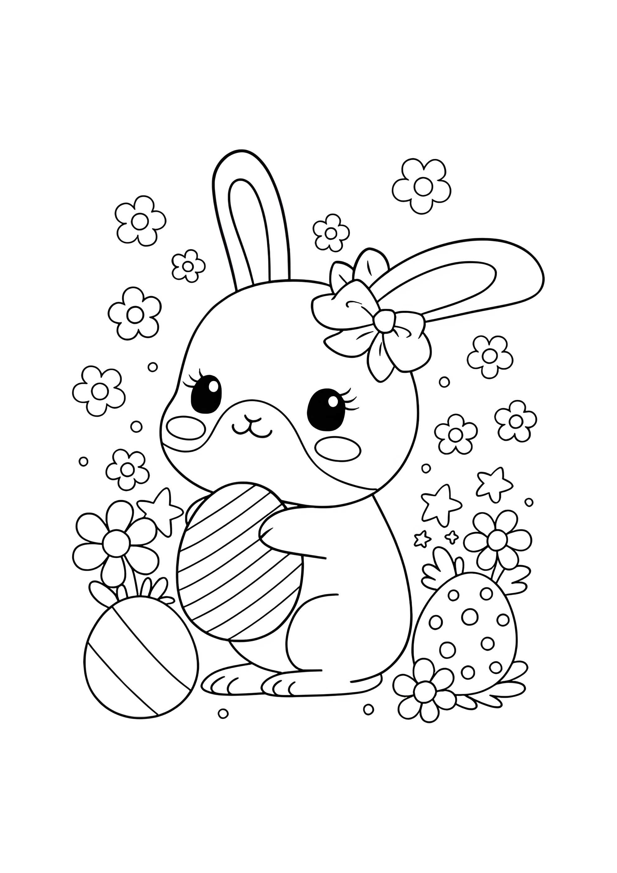 Раскраска Пасхальный кролик с яйцами и цветами