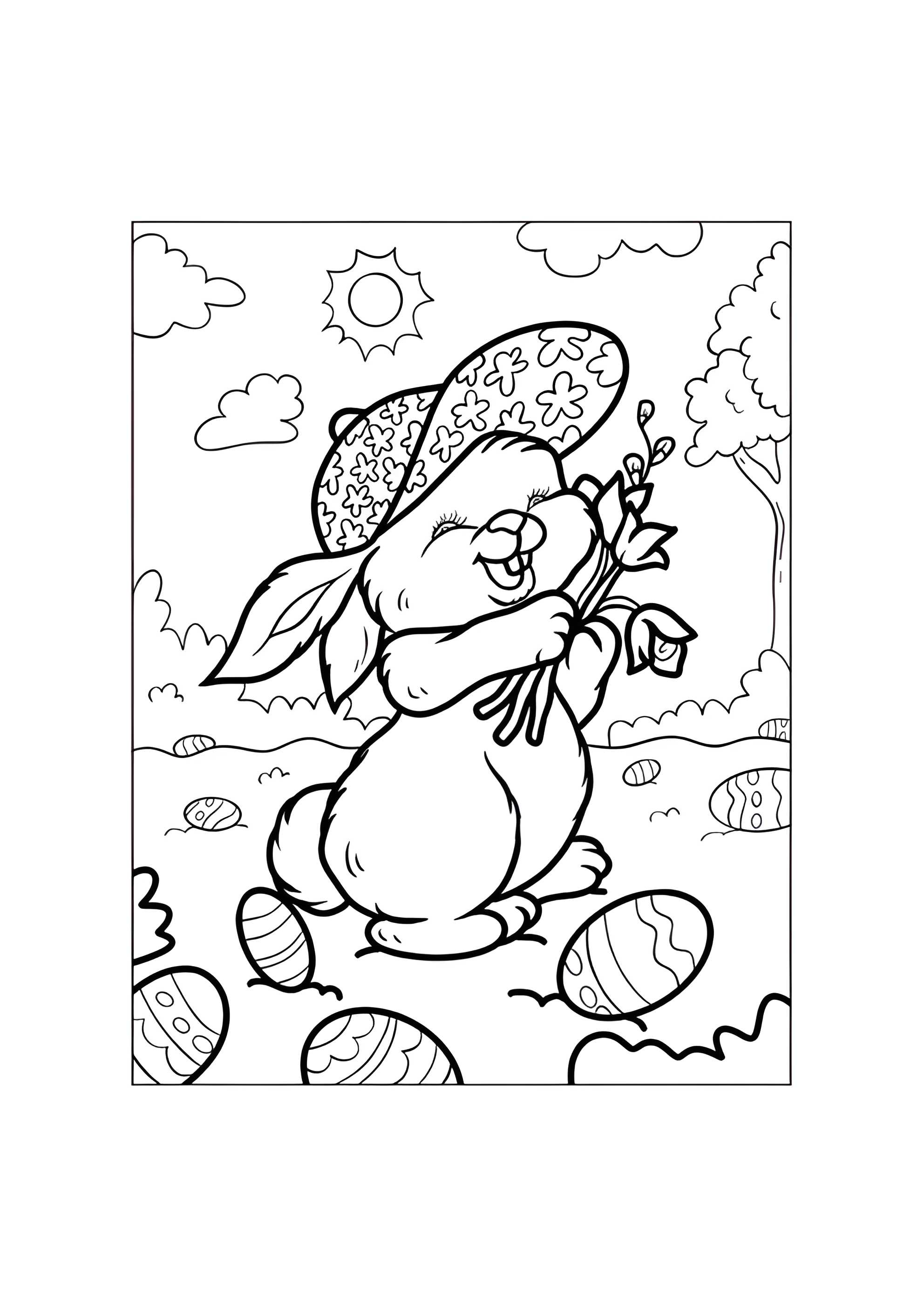 Раскраска Пасхальный кролик в цветочной шляпе